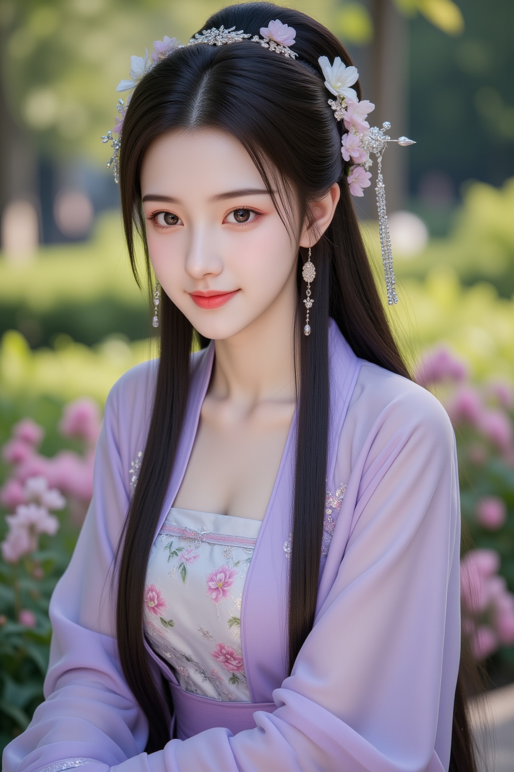 cinematic photo 1girl, teenage, jewelry, long hair, solo, smirk, closed mouth, black hair, brown eyes, looking at viewer, upper body, purple chinese clothes, outdoors, flowers