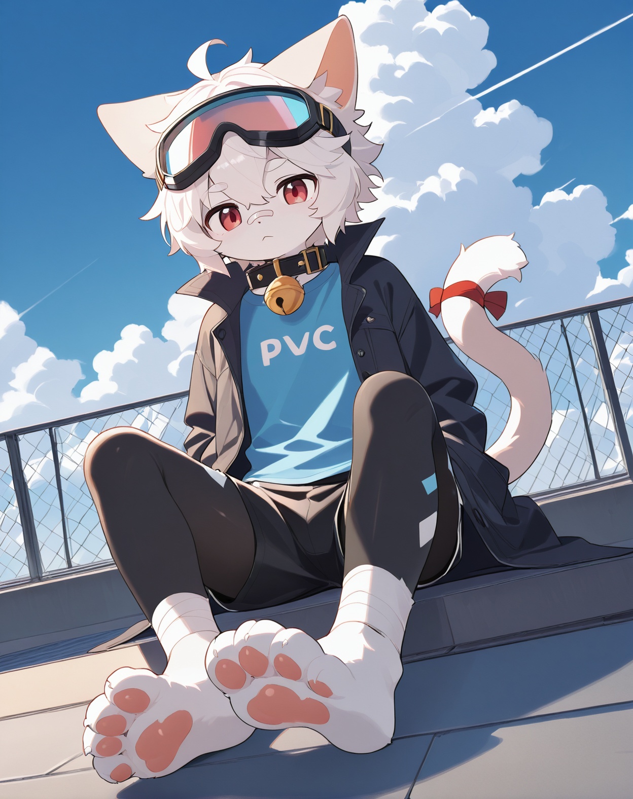furry,cat boy,1boy,solo,male_focus,(white_hair:0.8),red eyes,(floppy_ears,lop_cat_ears),[bell on collar,Collar,Cortical collar,Large collar],(blue t-shirt,black_leggings under shorts,black bike_shorts),(barefoot) BREAK dutch angle,vanishing point,sitting on rooftop,(blue sky,cloud,wind),(masterpiece, best quality:1.1),foot focus,goggles on head,bandage on nose,bandage on leg,Tail decoration,cat tail,Open coat,PVC Style,bare,body fur,anthro,