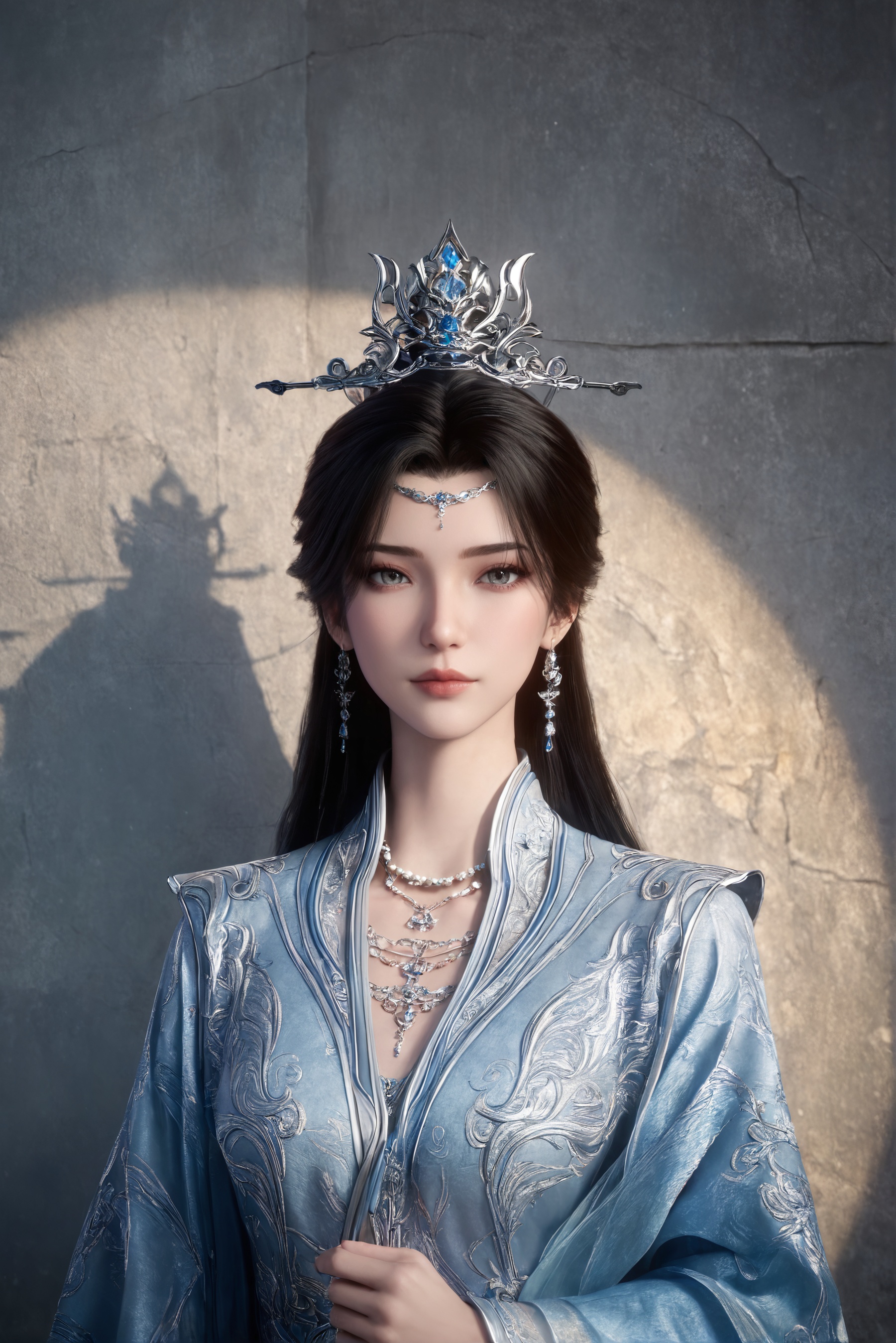 score_9,score_8_up,score_7_up,1girl,solo,3d,ultra-detailed,high resolution,perfect lighting,flawless skin,sharp focus,extremely detailed anatomy,Exquisite Craftsmanship,High-Resolution Beauty,Unparalleled Artistic Quality,masterpiece,best quality,official art,extremely detailed CG unity 8k wallpaper,<lora:李慕婉神临之战:0.7>,chinese clothes,closed mouth,dress,earrings,grey eyes,half updo,jewelry,long hair,necklace,realistic,robe,wide sleeves,