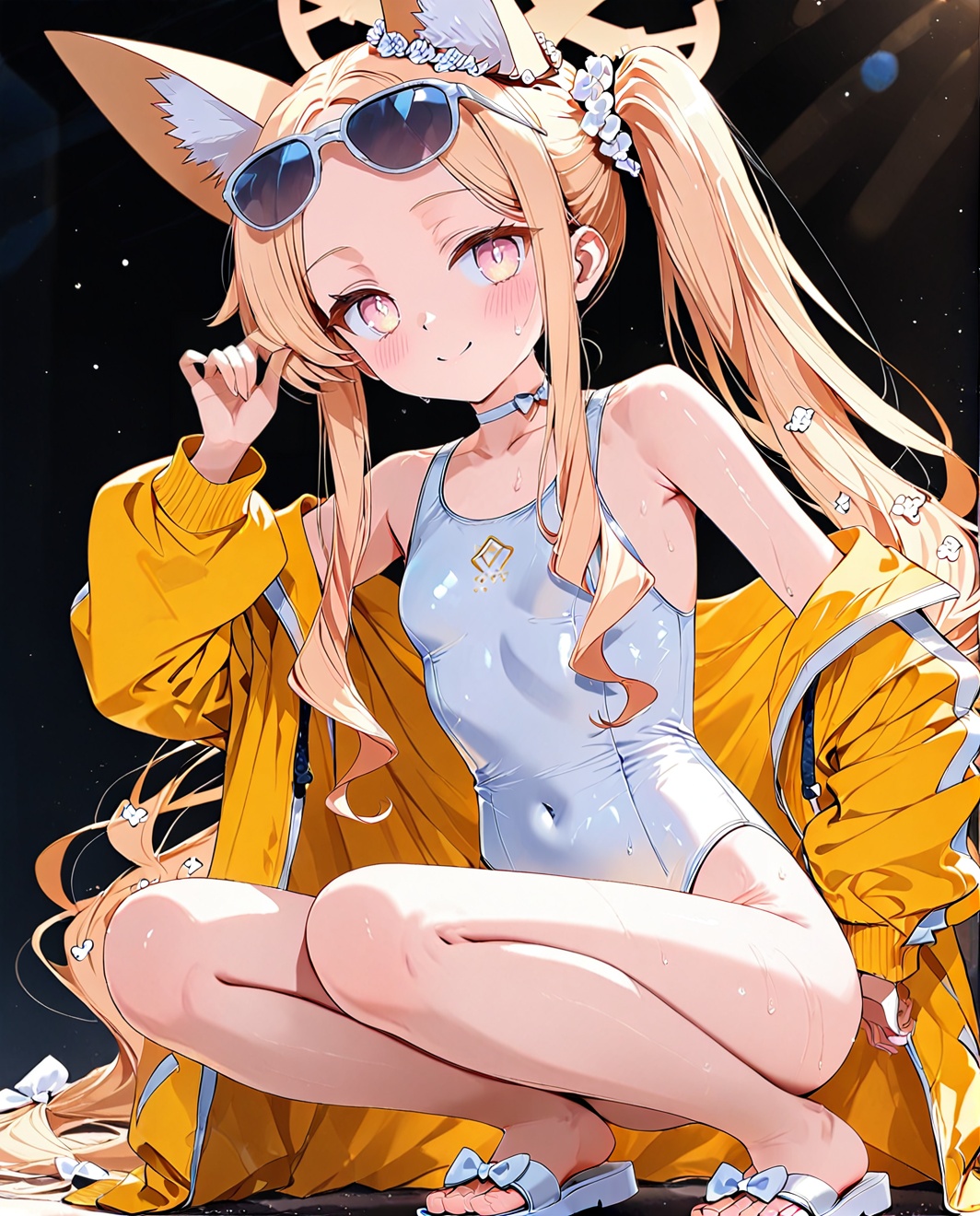 O,seia\(blue_archive\), 1girl, swimsuit, solo, animal ears, one-piece swimsuit, long hair, jacket, hair flower, white footwear, blonde hair, squatting, flower, sunglasses, sandals, hair ornament, very long hair, white background, white one-piece swimsuit, smile, looking at viewer, animal ear fluff, open jacket, halo, off shoulder, open clothes, eyewear on head, long sleeves, fox ears, blush, closed mouth, full body, simple background, bare shoulders, yellow jacket, small breasts, breasts, white flower, choker, collarbone, sidelocks, pink eyes, side ponytail, official alternate costume, bangs, parted bangs, extra ears, shadow, thighs, arm up, legs, forehead, adjusting eyewear, bow, bare legs, toes, white bow, fox girl, swimsuit under clothes,(UHD),anatomically correct,accurate,textured skin,super detail,high details,award winning,best quality,high quality,retina,HD,16k,1080P,
