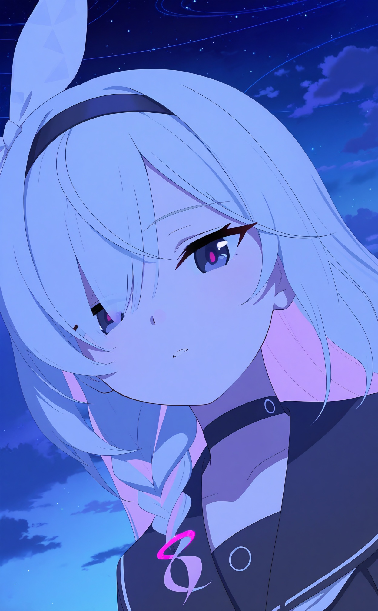 //,1girl,plana (blue archive),solo,sky,hairband,hair over one eye,choker,black hairband,black eyes,long hair,colored inner hair,black choker,sailor collar,multicolored hair,braid,black sailor collar,star (sky),pink hair,serafuku,school uniform,red pupils,single braid,cloud,white hair,starry sky,night sky,looking at viewer,white ribbon,night,parted lips,portrait,cloudy sky,outdoors,side braid,white bow,ribbon,two-tone hair,black serafuku,grey hair,collarbone,hair ribbon,//,<lora:ba——【CKXL】hans:1>,