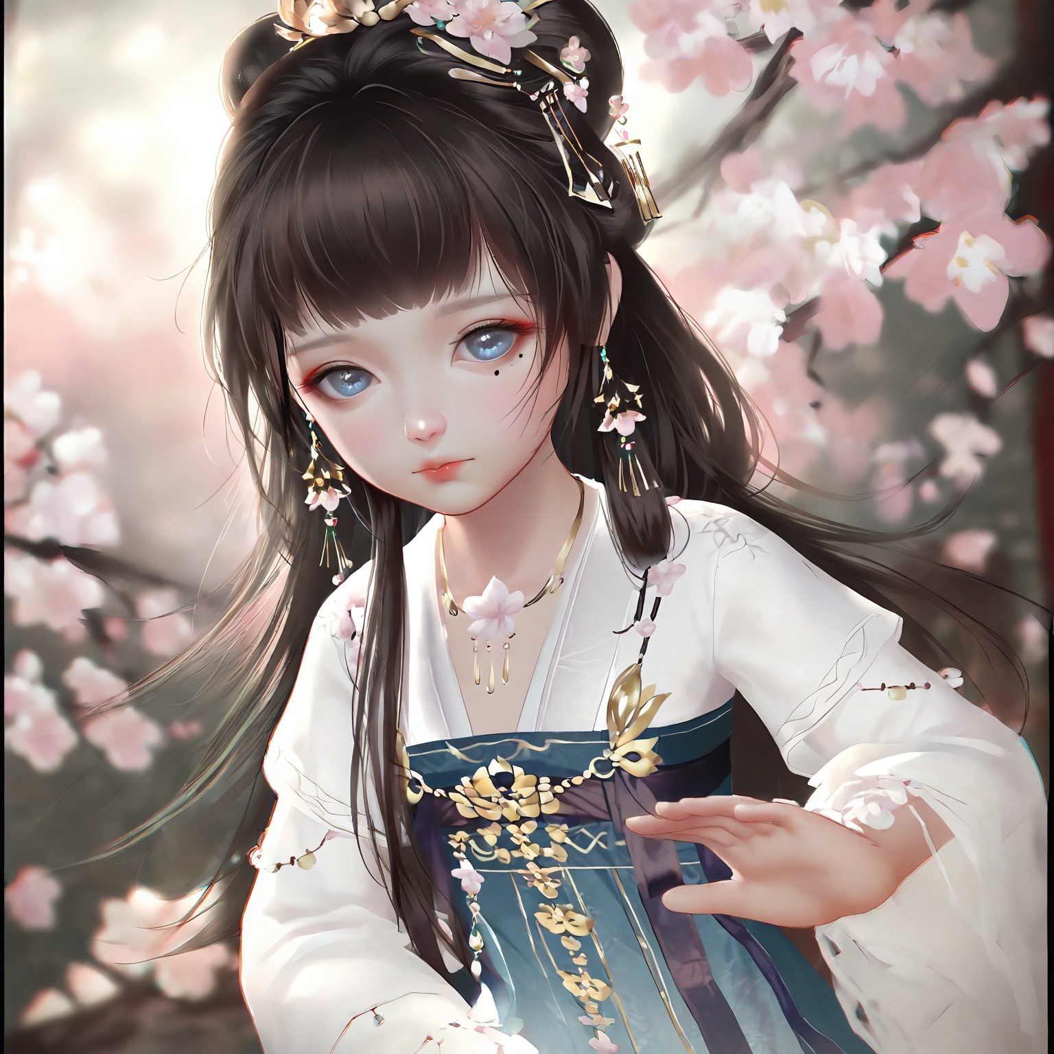 masterpiece,very aware,highres,absurdres,newest,best quality,loli,petite,high quality,chromatic_aberration,cinematic_angle,dutch angle,//,loli,1girl, hair_ornament, jewelry, upper_body, solo, flower, earrings, chinese_clothes, necklace, long_hair, branch, hair_flower, looking_at_viewer, closed_mouth, black_hair, hanfu, long_sleeves, mole_under_eye, dress, hair_bun, blue_eyes, expressionless, cherry_blossoms, brown_hair, mole, hair_rings, blunt_bangs, blue_dress//,official art,depth of field,detailed light,blurry background,best shadow,shiny skin,cinematic lighting,ray tracing,amazing quality,very aesthetic,absurdres,beast quality,ultra detailed,newest,8K,HDR,//,<lora:touxiang22——【noob】hans:1>,