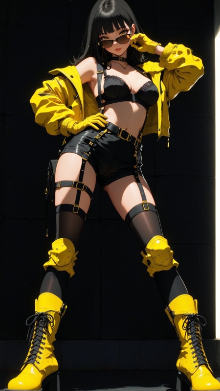 score_9, score_8_up, score_7_up, 1girl, 24yo, black wall background, yellow jacket, yellow gloves, yellow leggings, yellow knee pads, yellow boots, black underwear, black panties, black socks, black garters, black suspenders, medium breasts, black bra, white top, long black hair, dark hair, black hair, light, bright lighting, posing, hand behind head, hand on face, glasses, sunglasses, making heart shape with fingers, leaning forward, tight clothing, revealing clothing, booty shorts, short shorts, showing midriff, confident expression, playful expression, flirty expression, sexy expression, seductive, alluring, black boots, black knee pads, black leg warmers, black garter belt, black suspender belt, black thigh highs, black stockings, black lingerie, one hand on glasses frame, one hand holding hair, one hand on hip, one foot forward, body slightly turned, sexy pose, revealing pose, alluring pose, eye color is not visible.