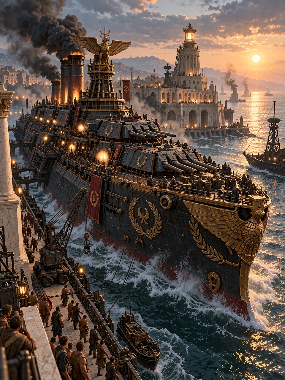 A colossal Roman imperial battleship departing from the harbor of Ostia at sunrise,  enormous armored hull decorated with...