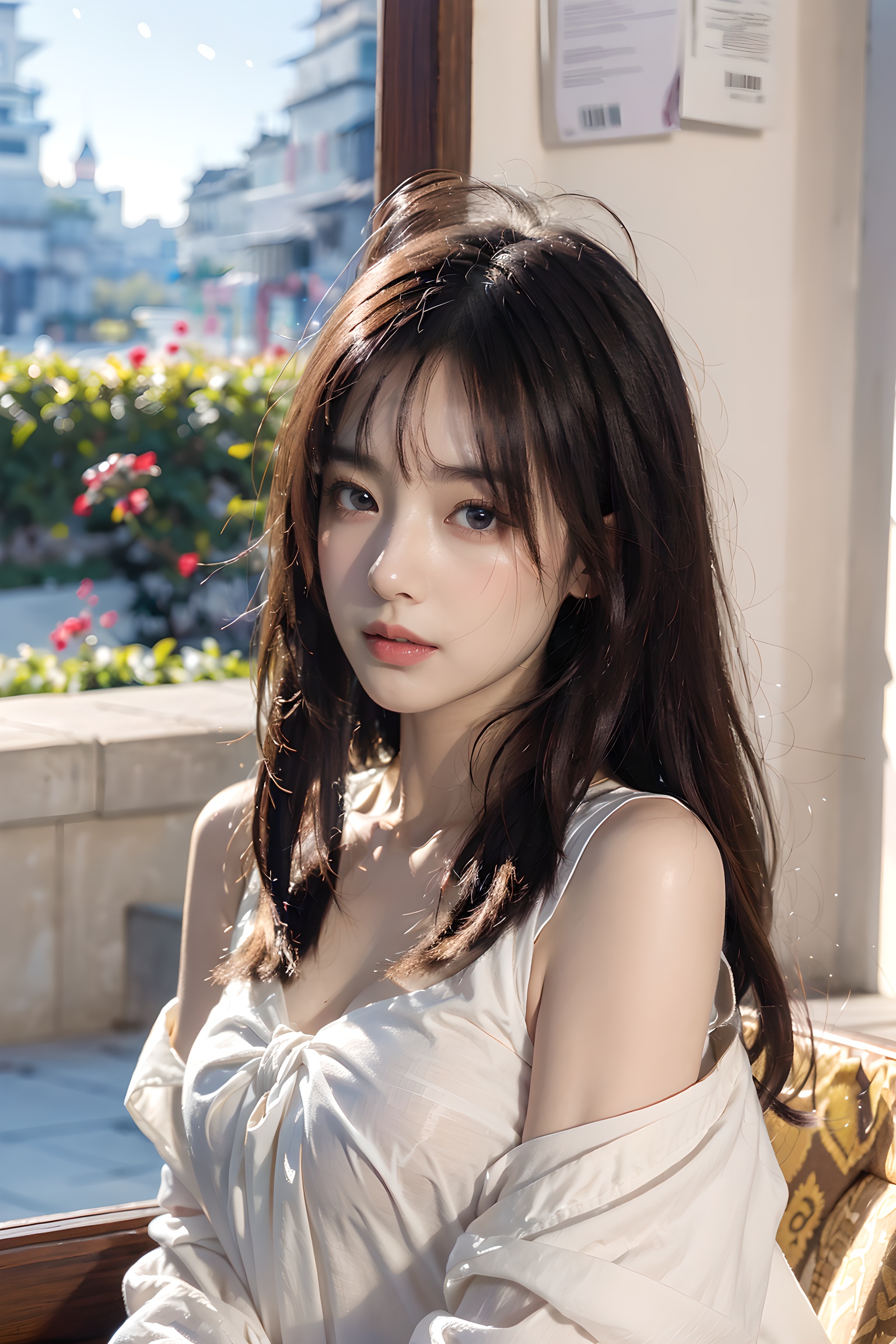 1girl,solo,long hair,realistic,lips,parted lips,upper body,blurry background,floating petals,jitome,cute,Street background:1.5,short hair,masterpiece,high quality,best quality),(colorful:0.85),(delicate eyes and face),volumatic light,ray tracing,extremely detailed CG unity 8k wallpaper,solo, indoors, palace, lights, window, decorations,(ahoge:1.3),best quality,official art,(((light from the sky))),floating hair,light shines on hair,whultra-detailed,(((extremely detailed cg 8k wallpaper))),(crystalstexture skin:1.4),(extremely delicate and beautiful),(white skin),looking_at_viewer,kinghere fensejiaren,,realistic, <lora:20240212-1707682573619:0.75> <lora:Body_shaping:0.35>