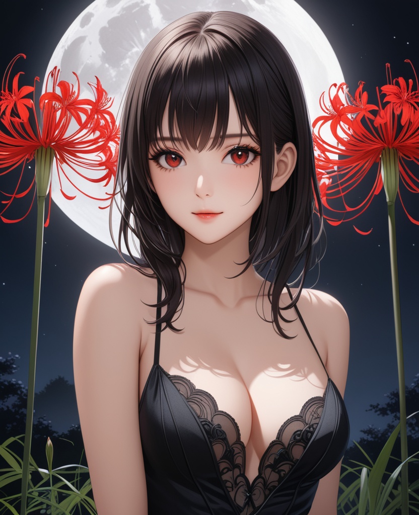 (,1girl, ,best quality, ),looking at viewer,  ,,ultra detailed background,ultra detailed background,ultra realistic 8k cg, ,masterpiece, spider lily,full moon, (cleavage), (),
