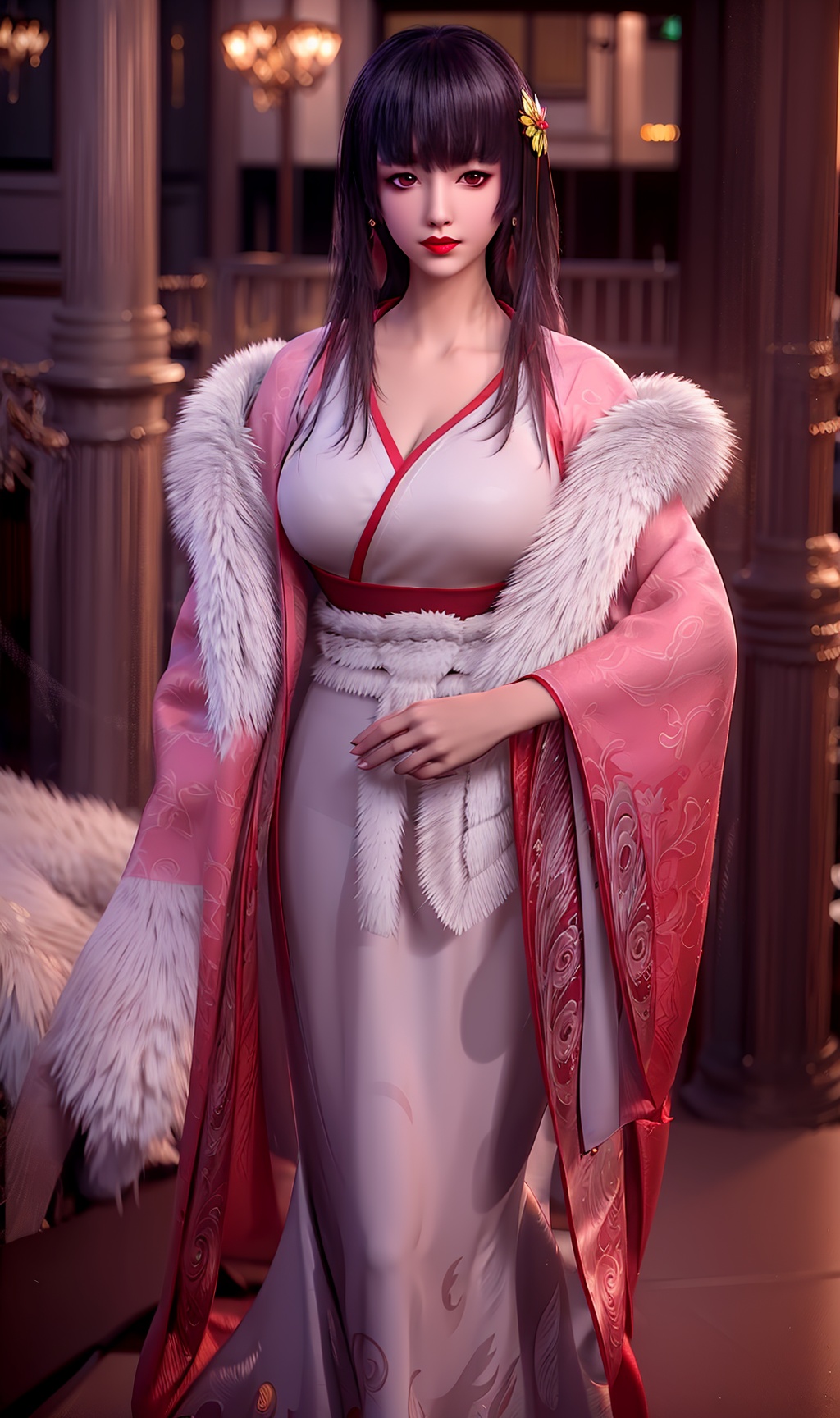 3D,masterpiece,(best quality),(makeup),official art, extremely detailed cg 8k wallpaper,((crystalstexture skin)), (extremely delicate and beautiful),(highly detailed),(face),(closed_mouth),(1girl), (solo), (jewelry), (earrings),(black_hair),(long_hair),(hair_ornament),(handwear),(breasts),((standing)),((upper_body)),(dress),(skirt),(shiny_clothes),(city,outdoor,bed),(multicolored_clothes),(multicolored_dress),,(sash),(coat),,(mink_cashmere),(shawl),,(long_legs),,((looking_at_viewer)),((Facing the camera)),, <lora:hipoly3DModelLora_v10:0.3>