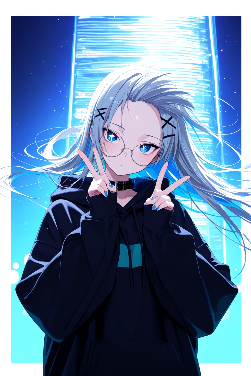 masterpiece, best quality, amazing quality, absurdres, 1girl, solo, white straight hair, long hair, looking at viewer, blue eyes, long sleeves, jewelry, ((upper body shot)), head tilt, hairclip, hood, nail polish, collar, symbol-shaped pupils, v, hoodie, x hair ornament, blue nails, double v, black hoodie, neon lights, ((windy)), (over sized black hoodie), (clothes and hair blown strongly by the wind, windblown hair), BREAK inner hair color, shy, blushed, emotionless, (flowing hair), (no bangs, wide forehead), large round glasses, (narrow eyes, tsurime), pale skin, light particles, colorful particles, blue and green gradient background with white border, umemiart, Gl0ss_style,backlight, lens flare,