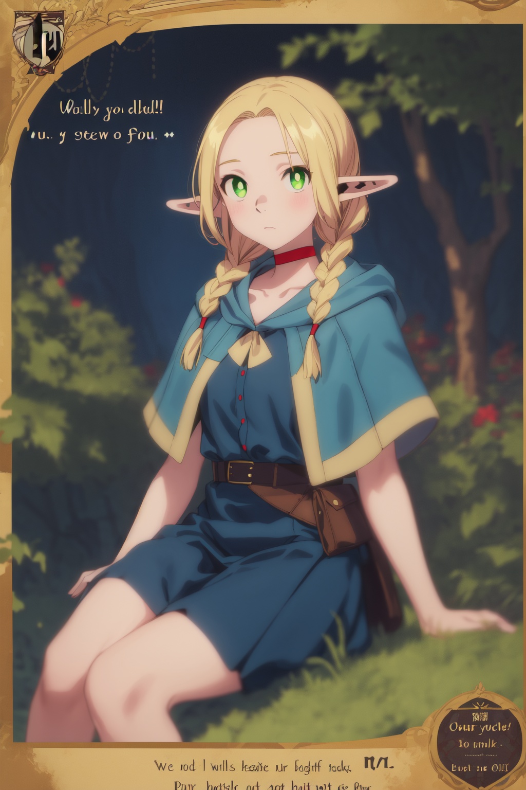 1girl,looking at viewer,solo,elf,long hair,blonde hair,twin braids,pointy ears,green eyes,choker,red choker,capelet,belt,dress,<lora:Marcille (3):0.8>,Marcille_CYQL,(teardrop,sitting,cowboy_shot,front view:1.1),beautiful face,beautiful eyes,glossy skin,shiny skin,Ruins, Jungle, Trees, Vines, Moss, History, Mystery, Exploration,Lemon trees, Citrus fragrance, Lemon orchard, Morning sunlight, Mediterranean landscape, Harvest time,beautiful detailed sky,beautiful detailed glow,(movie poster:1.2),(border:1.3),(English text:1.4),posing in front of a colorful and dynamic background,masterpiece,best quality,beautiful and aesthetic,contrapposto,female focus,fine fabric emphasis,wallpaper,fashion,intricate detail,finely detailed,fine fabric emphasis,glossy,<lora:增强减少细节add_detail:0.4>,