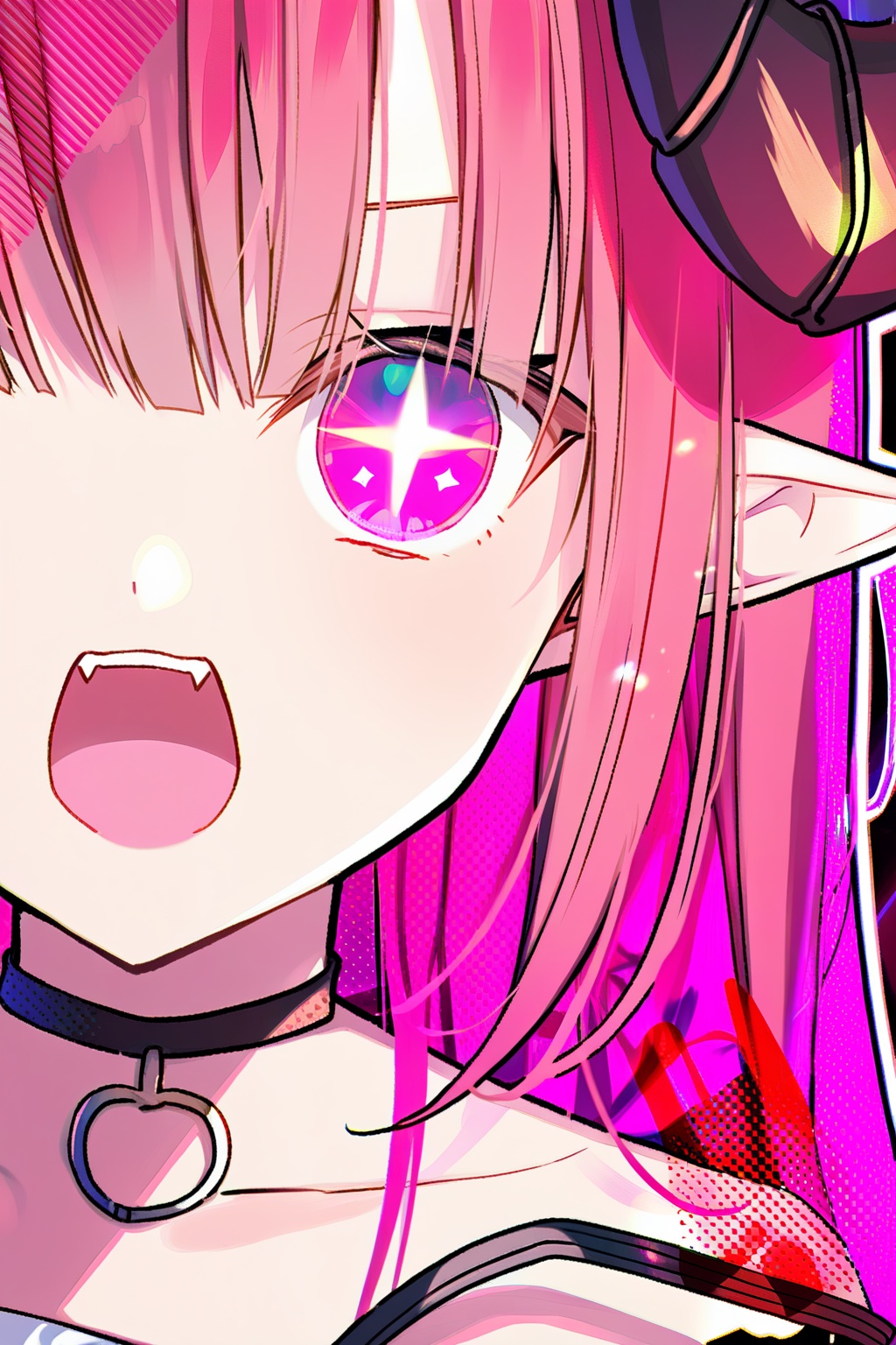 moe5,moe6,moe7,1girl,solo,pointy ears,symbol-shaped pupils,horns,choker,fangs,curled horns,looking at viewer,pink eyes,++,black choker,portrait,open mouth,