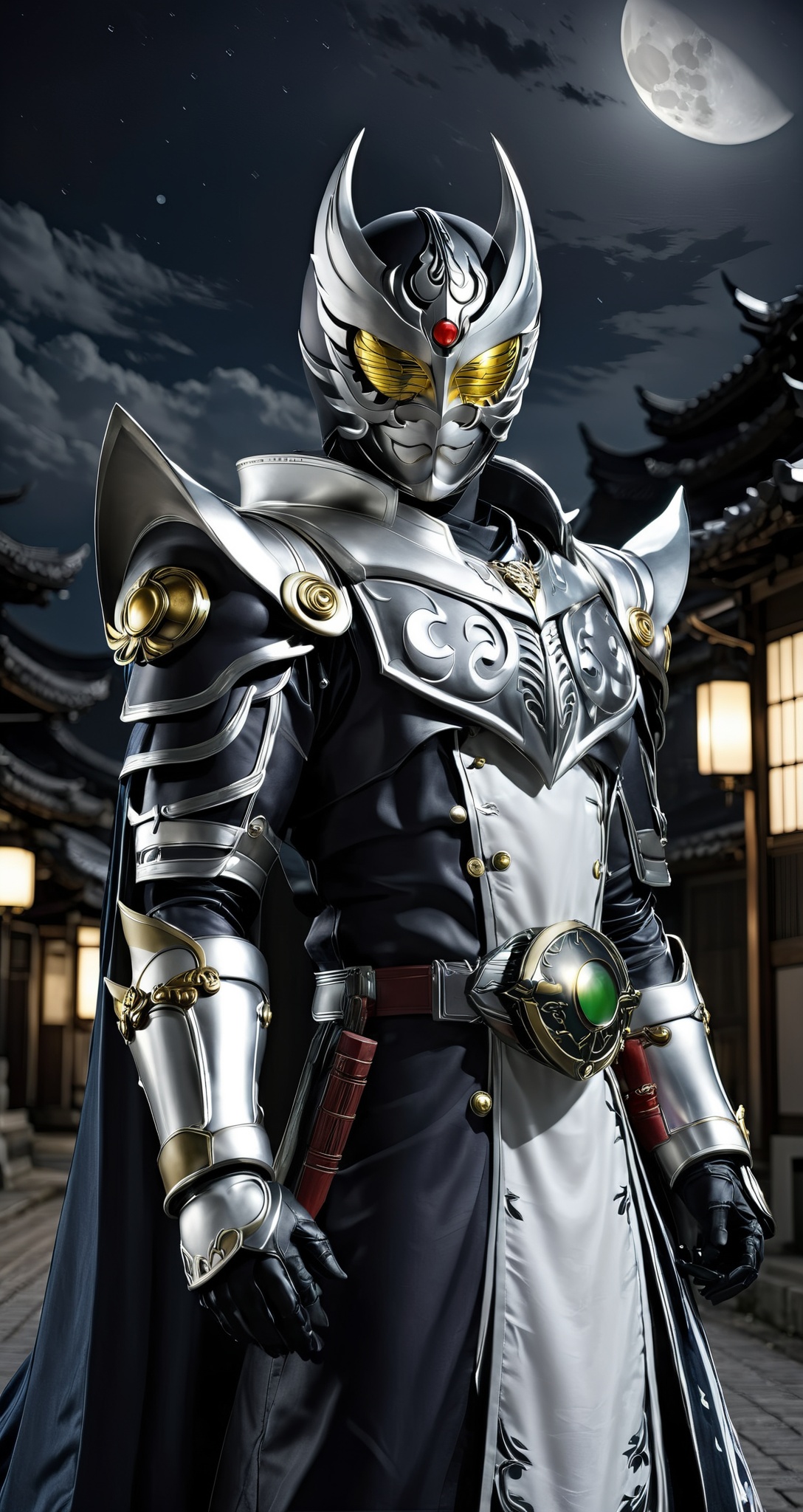 Kamen rider style,  the mask guardian under the moonlight,  wearing a moonlit war robe and a silver mask on Tensor.Art