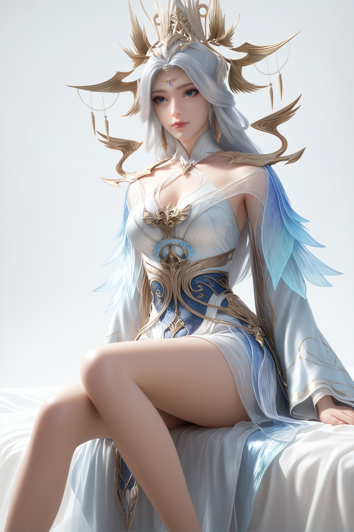 masterpiece,best quality,realistic,cinematic,detail eyes,(ultra-detailed),perfect composition,intricate details,absurdres,detailed face,high quality,high res,8K,<lora:X_ningyudie_IL3.0:0.8>,white hair,blue eyes,1girl,long hair,breast,medium breast,hair_ornament,dress,bare_legs,sitting,simple background,white_background,bed,