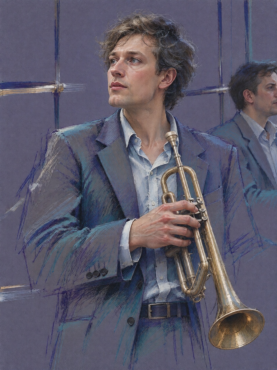 A young man in a dark suit holding a brass trumpet at his side between songs. Three-quarter view from the waist up,  loose...