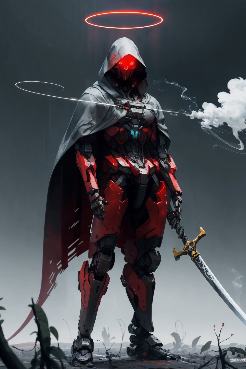 -weapon, sword, science fiction, holding, robot, holding weapon, smoke, hood, glowing, holding sword, cloak, halo, solo, red eyes,<lora:Apocalypse Aso_20240119162949:1>,Apocalypse Aso,
