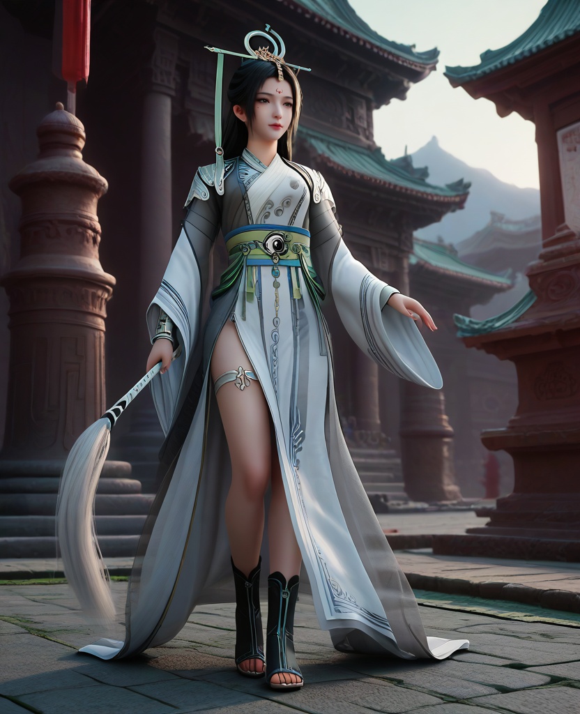 (oriental architecture, elegant decor, sophisticated style:1.1),(on tiptoes:1.1),(breasts:1.2),<lora:XL16遮天陆灵:0.95>,miss luling,white dress,see-through wrap coat,forehead mark,black hair,long hair,hair ornament,sash,weapon,black boots,, score_9,score_8_up,score_7_up,score_6_up,score_5_up,score_4_up,3d rendering,tag1,tag2, Cinematic Lighting,backlighting,