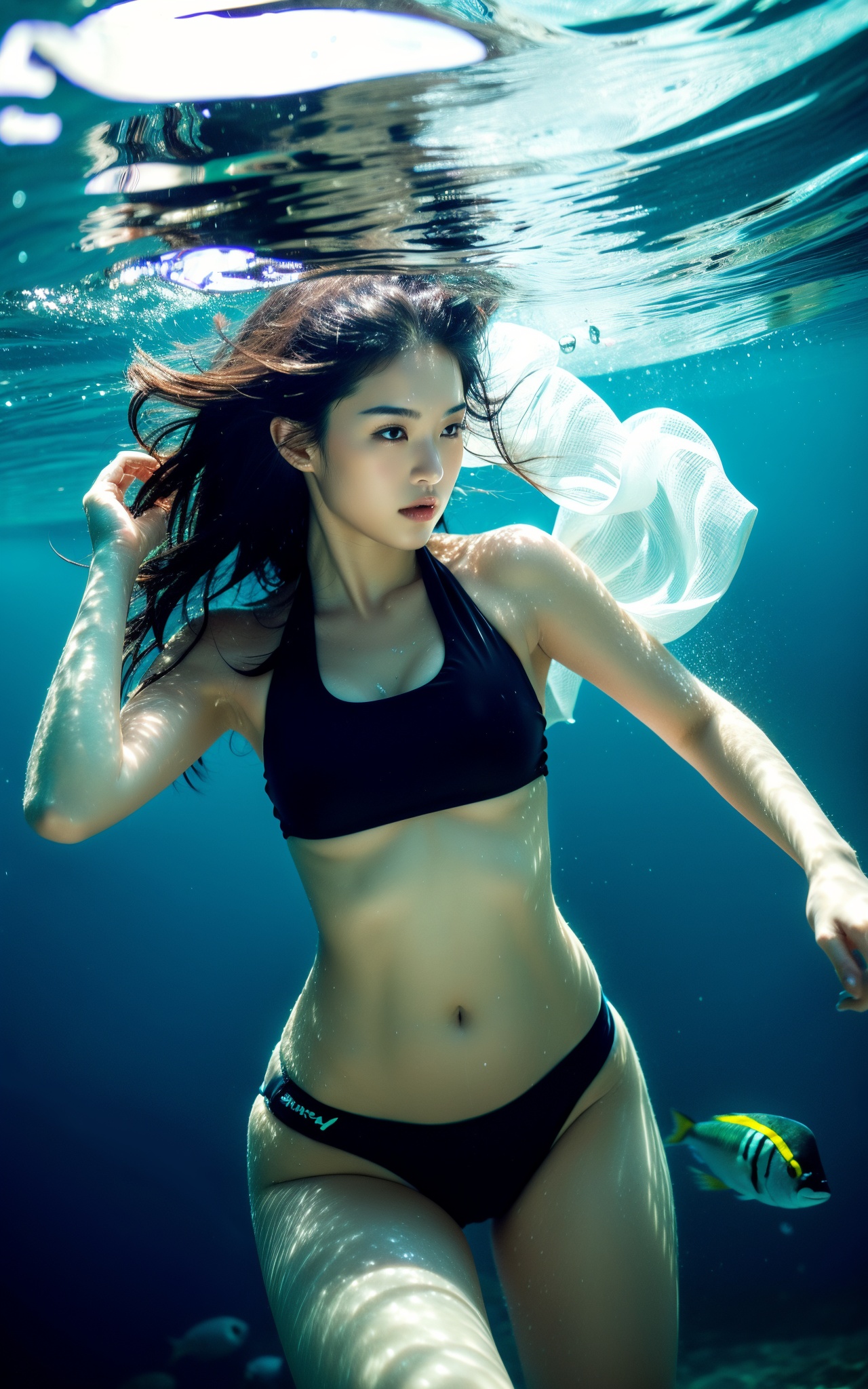 a woman in a bikini swims under water in the ocean with a fish nearby in the background,  swimsuit,  underwater on Tensor.Art