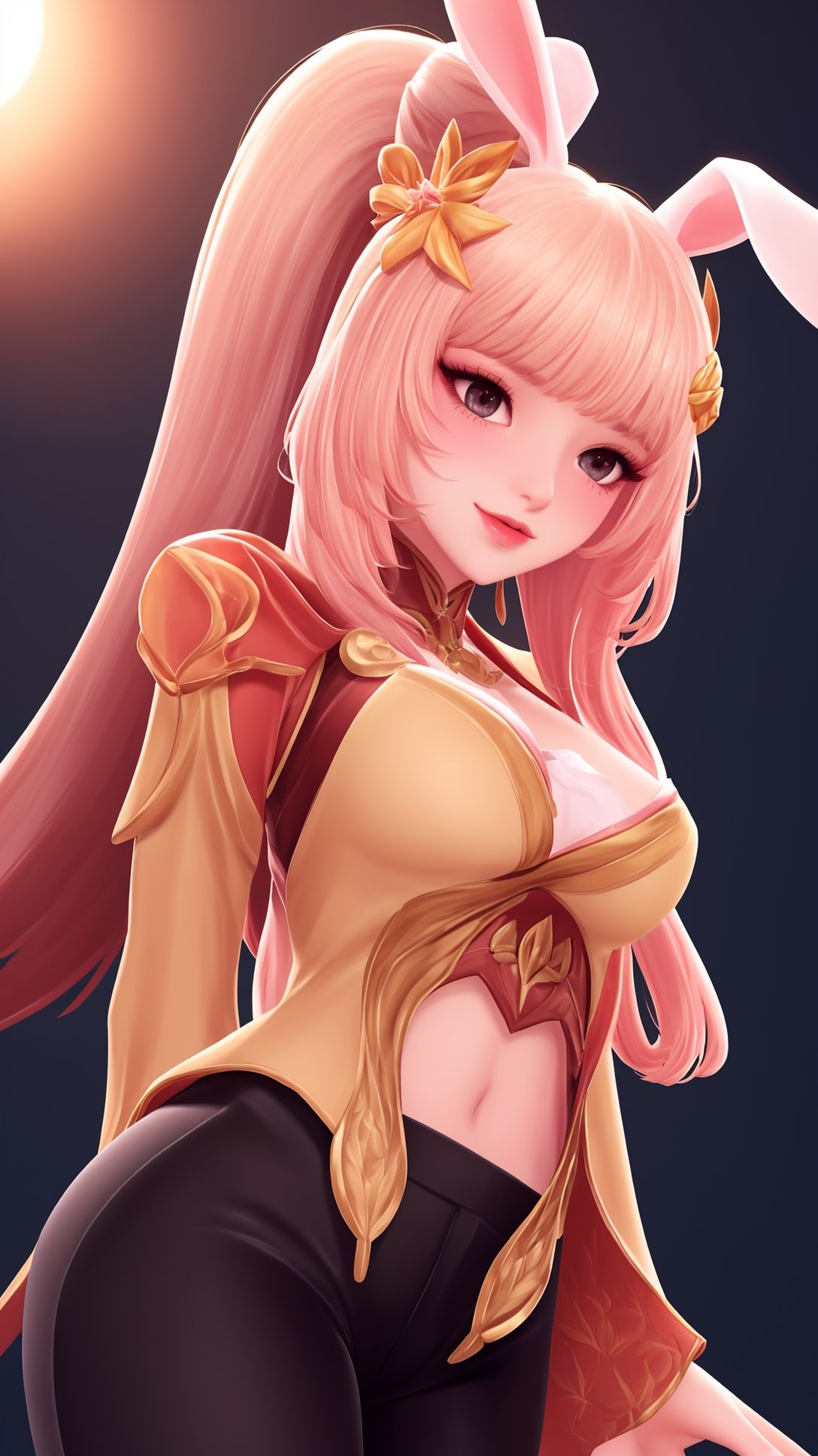 (1girl),smooth chin,masterpiece,detailed face,((hair ornament focus)),top quality,4k,make up,best quality,medium breasts,(looking at viewer),eyes focus,upper body,rabbit ears,pink hair,ponytail,((black pants)),blush,body blush,mature female,navel,light red and light golden mixed sleeves,night sky,arms behind back,long legs,red skirt,hole on pants,walking,<lora:王者公孙离原皮_v1.0-000008:0.8>,