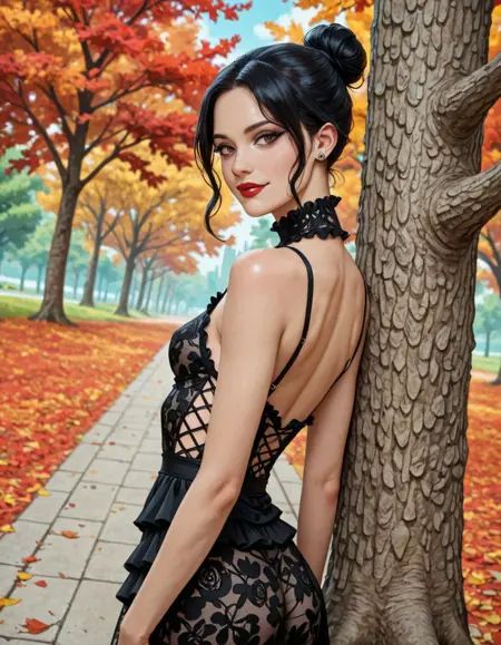 ultra realistic, masterpiece, high detailed skin, best quality, high res, very aesthetic, anime style, studio anime, source_ecchi, anime, (finely detailed face), ((petite body:1.6)),, fong ling, black hair, medium breasts, single hair bun, brown eyes, short hair, parted bangs, hair behind ear, large breasts, red nails, fingernails, nail polish, ear piercing, smokyeyes, lash, black mascara, bright red lipstick parted lips, petite shape, A illustration shoot about a character, 1 girl, 1 woman, shoot from a woman posing in a black lace dress with ruffled edges, surrounded by colorful autumn foliage. the image also shows a serene and natural setting. a woman with light skin and short, black hair appears to be leaning against a tree, she has fair skin, and a slender physique. her hair is styled in loose waves and falls down her back. she is wearing a black lace, revealing, sleeveless micro dress with a frilly hem and ruffles on the hem, showcasing her bare shoulders and large-sized breasts. the background features a lush, green park with trees in the distance, and colorful autumn leaves scattered on the ground, sunset brings a colorful red background, her expression is seductive inviting but somehow also a bit of lovley cute smile, relaxed but provocative pose, dramatic scenery, intricate details, (blurry background, depth of field:1.1), the picture has an alluring and erotic vibe, ((dynamic dutch angle:1.6)), ((view from below:1.6)<lora:phillustrious:1>