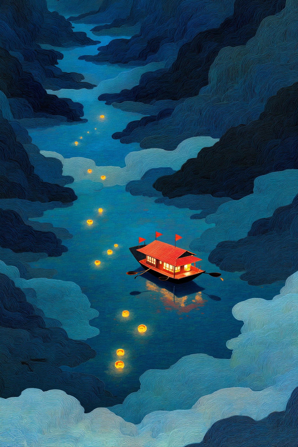 beijihui,a small boat with lanterns floating through misty waters,dreamlike night scene,delicate linework and glowing colors,flowing zen spirit,