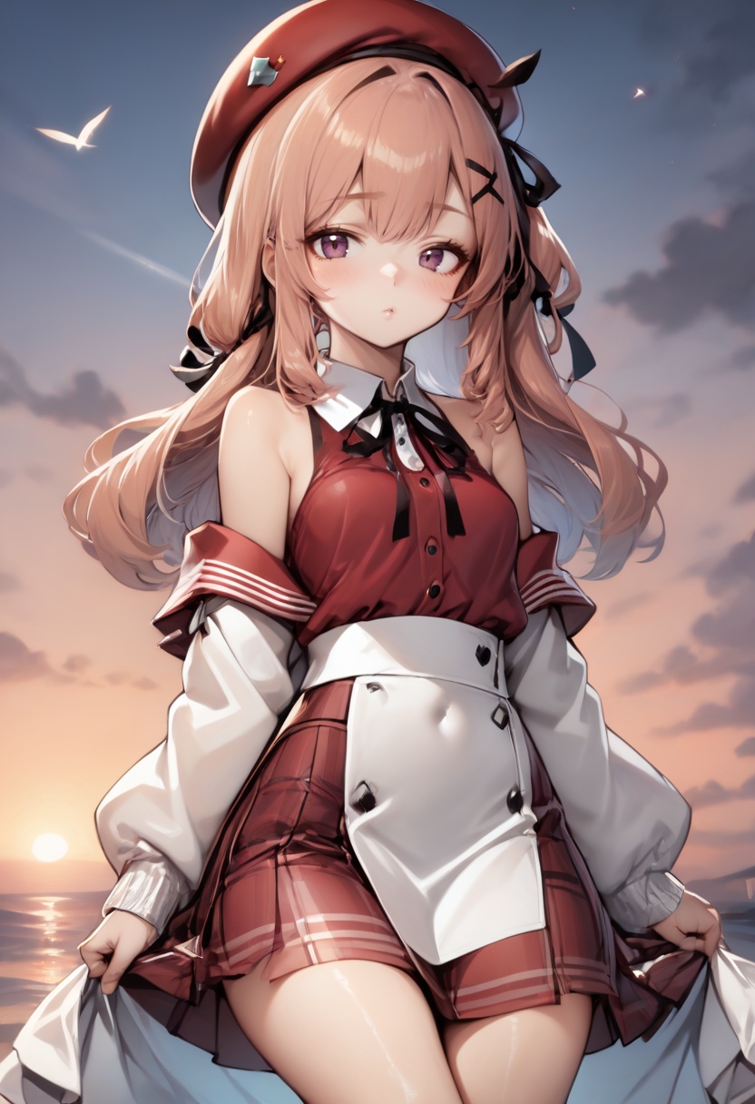1girl,  bare shoulders,  beret on Tensor.Art