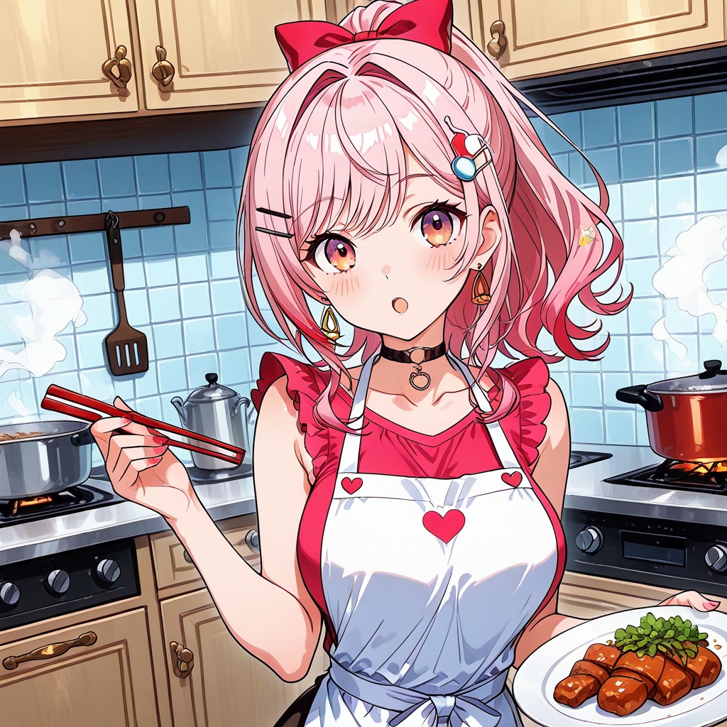 Melting,1girl, solo, apron, jewelry, looking at viewer, holding, plate, food, pink hair, earrings, ponytail, breasts, hair ornament, shirt, blush, pink shirt, collarbone, kitchen, hairclip, indoors, bangs, long hair, choker, multicolored hair, sidelocks, bow, nail polish, large breasts, hair bow, open mouth, stove, hair intakes, steam, chopsticks, tiles, sleeveless, red eyes, virtual youtuber, bare shoulders, orange eyes, :o, holding plate, sleeveless shirt, cooking, skirt,(UHD),anatomically correct,accurate,textured skin,super detail,high details,award winning,best quality,high quality,retina,16k,HD,1080P,8k,