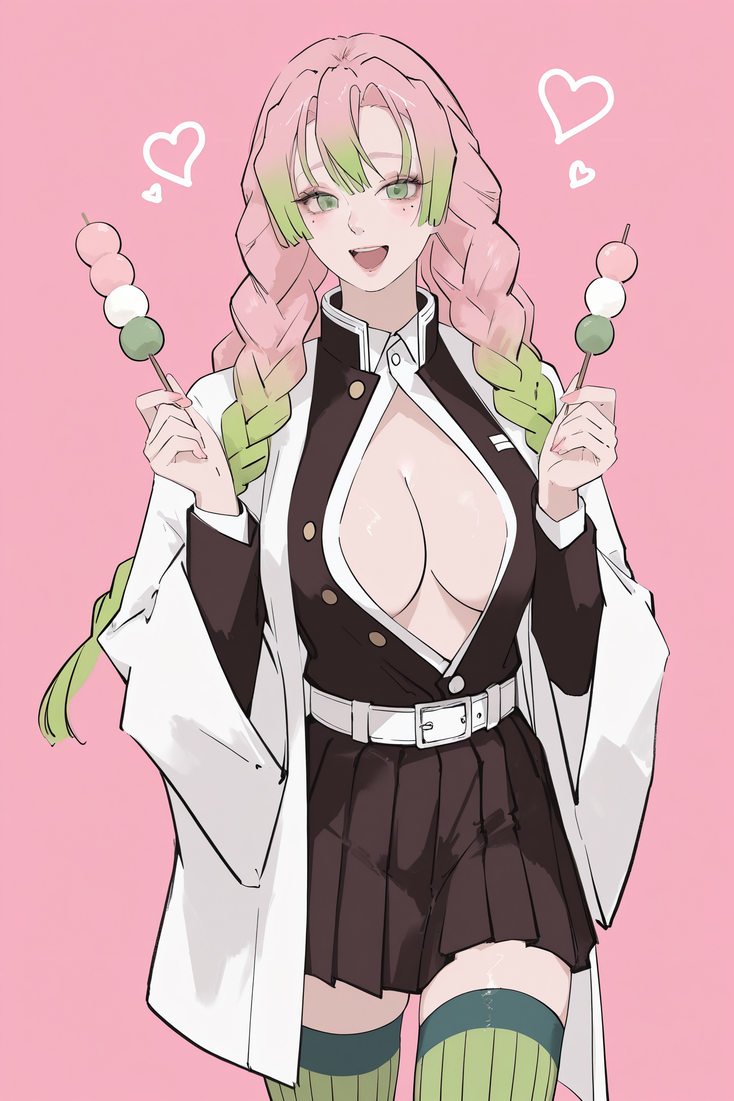 Chikitama Style,1girl,kanroji mitsuri,demon slayer uniform,mole under eye,solo,mole,pink hair,wagashi,green thighhighs,dango,green hair,green eyes,thighhighs,multicolored hair,food,sanshoku dango,heart,braid,long hair,gradient hair,open mouth,mole under each eye,skirt,holding,looking at viewer,smile,tri braids,simple background,flower,multiple moles,haori,pleated skirt,black skirt,belt,long sleeves,ribbed thighhighs,japanese clothes,jacket,traditional media,sketch,<lora:Chikitama_illustriousXL:1.2>,