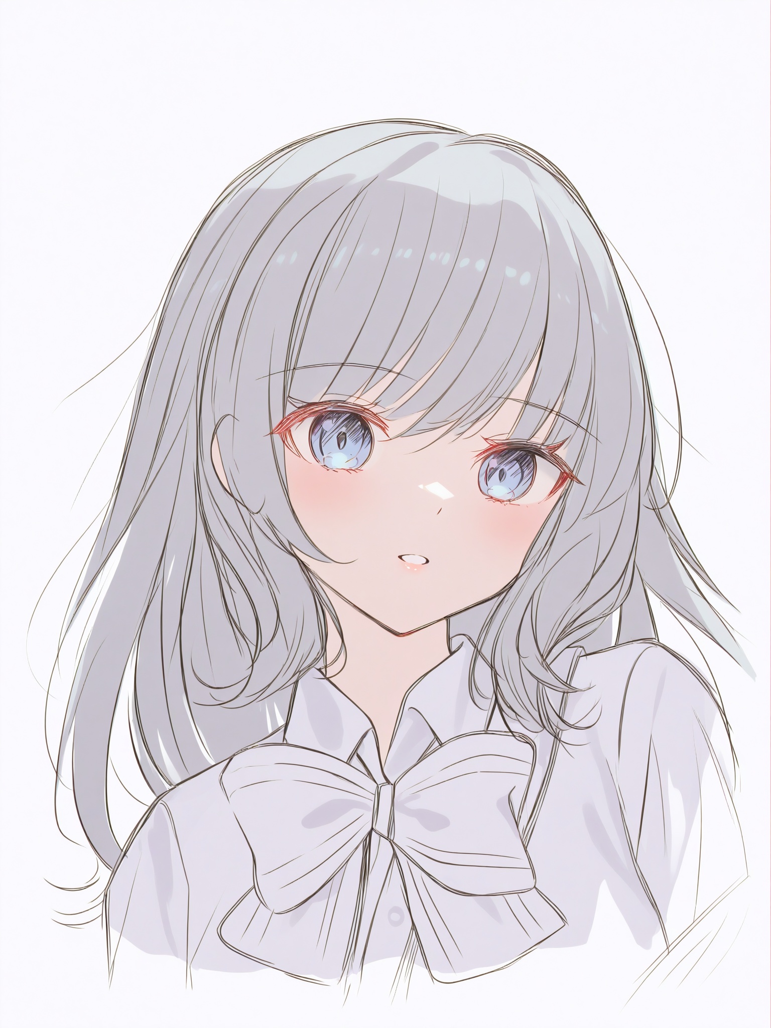 masterpiece,highres,absurdres,best quality,high quality,loli,petite,//,1girl,solo,long hair,collared shirt,shirt,bow,looking at viewer,white background,simple background,upper body,parted lips,cropped torso,dress shirt,school uniform,hair between eyes,jacket,smile,bowtie,//,colorful,partially_colored,grey hair,