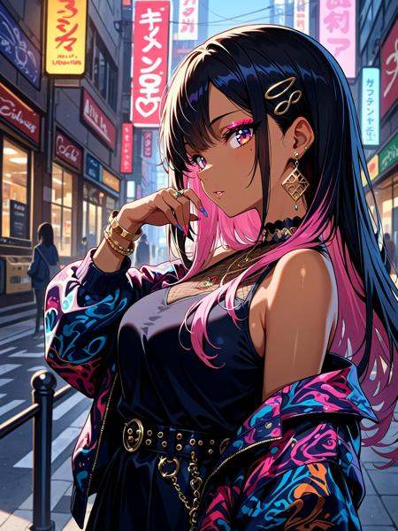 (masterpiece, best quality, sharp focus:1.4),Gyaru girl,A young woman with black hair styled in the Gyaru fashion,featuring voluminous waves and decorative accessories,She is wearing bold,glamorous makeup with dramatic eyeliner and long false eyelashes,Her outfit includes trendy,eye-catching street fashion with a mix of bright colors and unique patterns,She stands confidently against an urban backdrop,possibly in a bustling city setting,Highly detailed,vibrant colors,street fashion photography style,ultra HD,8K resolution,