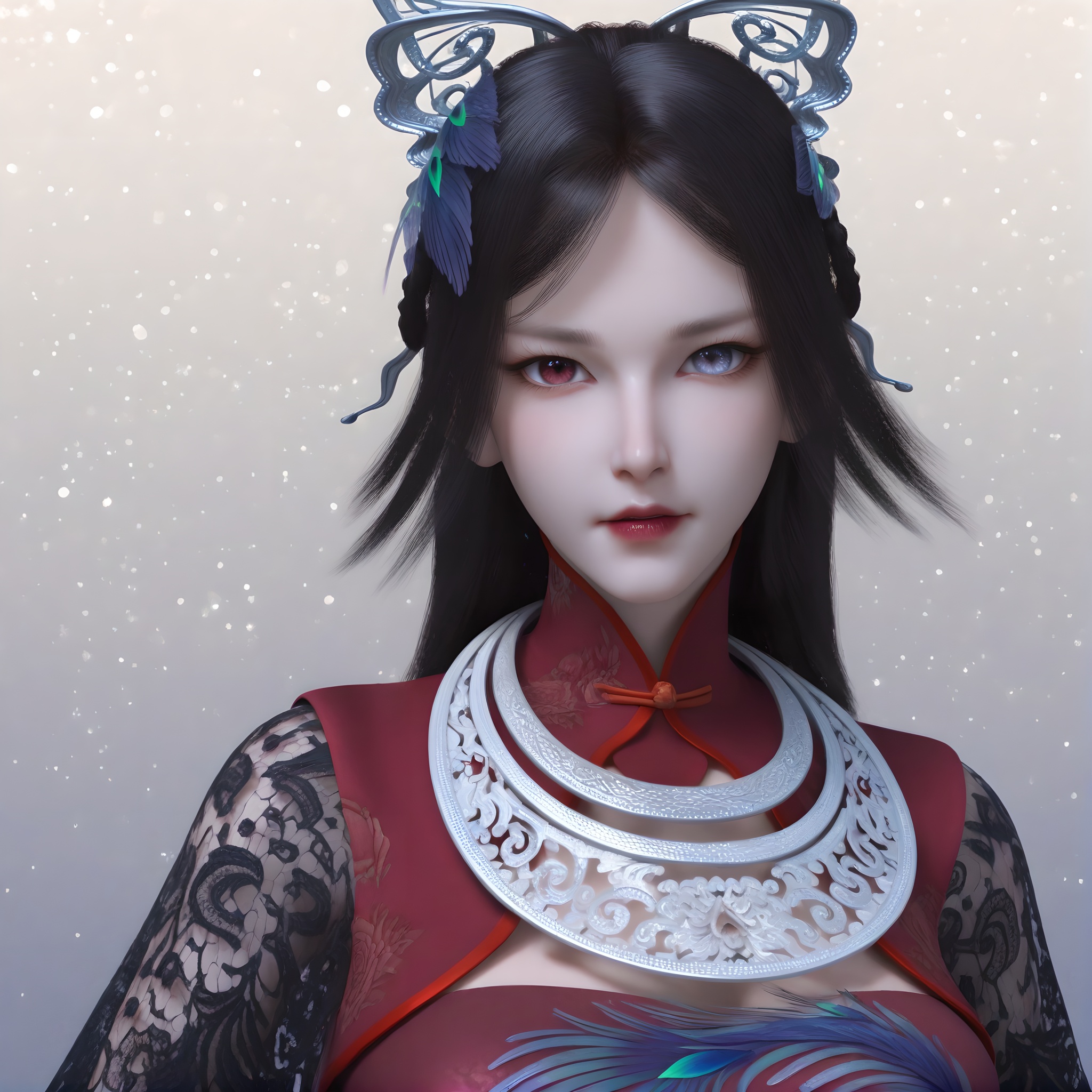 (score_9),close-up,upper body,<lora:慕雨墨-apony-000009:0.83>,muyumo,1girl,solo,heterochromia,hair ornament,black hair,feather hair ornament,long hair,braid,(bare hand),high collar,silver collar,crop top,lace sleeves,mature_female,collarbone,cleavage,BREAK<lora:Expressive_H-000001:0.8>,light blush,Expressiveh,looking at viewer,front view,<lora:e肤色滑块:0.35>,fair_skin,(pale skin),(white_skin),ultra-detailed skin texture,detailed textures,BREAKa,simple background,<lora:e色温:0.25>,sparkle,(sparkle background),4K ultra HD,sharp focus,high detail,high contrast,