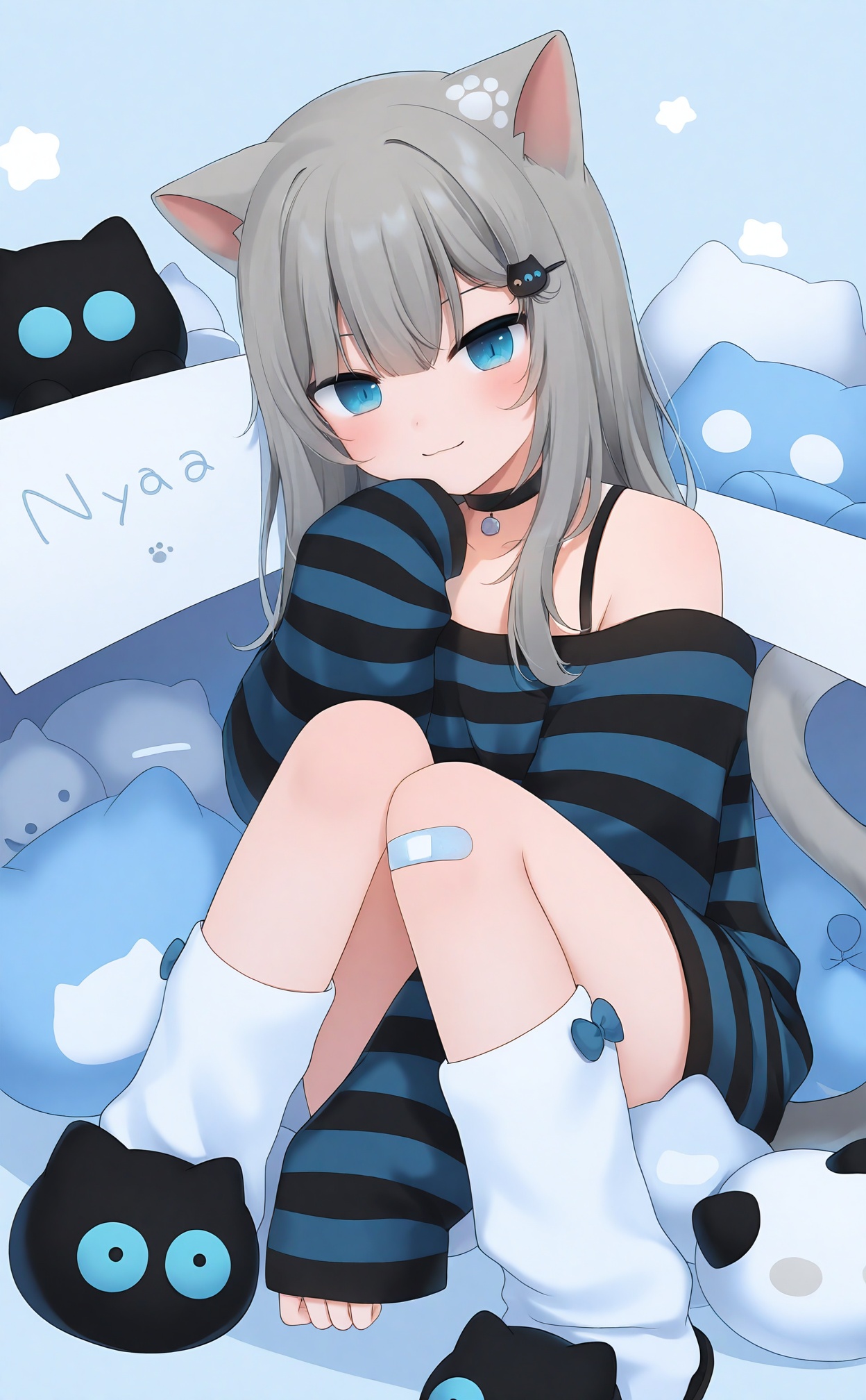 masterpiece,absurdres,best quality,loli,petite,high quality,chromatic_aberration,//,1girl,animal_ears,cat_ears,grey_hair,virtual_youtuber,cat_girl,cat_tail,sleeves_past_wrists,tail,striped_clothes,sleeves_past_fingers,loose_socks,solo,box,blue_eyes,long_hair,socks,cardboard_box,striped_shirt,long_sleeves,looking_at_viewer,bandaid_on_leg,:3,off_shoulder,shirt,oversized_clothes,bandaid,slippers,choker,hair_ornament,closed_mouth,blush,black_choker,oversized_shirt,eyebrows_hidden_by_hair,black_footwear,striped_sweater,smile,white_socks,sitting,bandaid_on_knee,in_container,in_box,knees_up,bare_shoulders,//,//,<lora:gancheng——【noob】hans:0.88>,