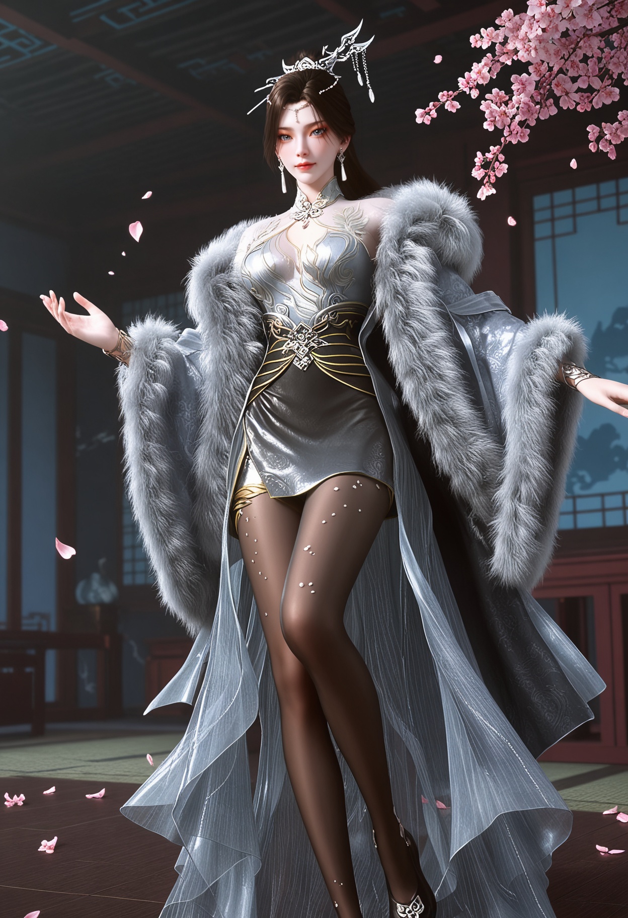 (full_body:1.1),looking at viewer:1.1,masterpiece,(best quality),smog,Dark room,dim lighting,peach blossom,falling petals,<lora:YQ_Illustrious光辉v5_南宫仙儿_V1:0.8>,q1528437228,1girl,solo,jewelry,earrings,long hair,hair ornament,brown hair,dress,black hair,blue eyes,hair bun,bracelet,pantyhose,white dress,chinese clothes,fur coat,long sleeves,fur trim,black pantyhose,single hair bun,black footwear,high heels,shoes,coat,ponytail,short hair,brown pantyhose,grey eyes,hair stick,ring,