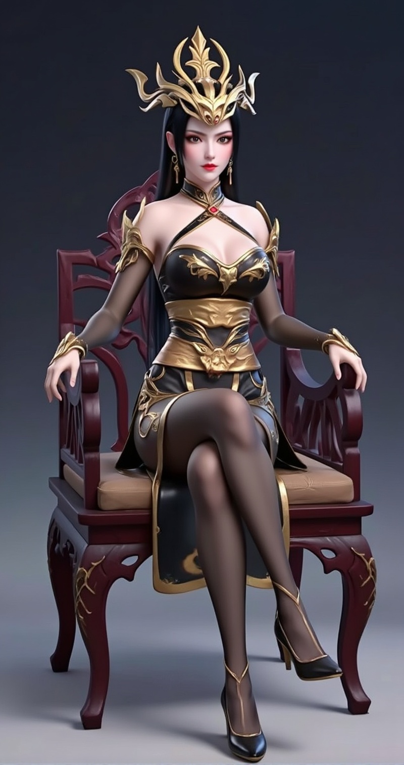<lora:美杜莎泛化版6:1>,meidusha,crown,long hair,pointy ears,jewelry,earrings,black hair,red lips,<lora:雅菲衣服·7:1>,yafei,1girl,dress,high heels,sitting,solo,chinese clothes,breasts,bare shoulders,black footwear,china dress,black dress,bridal gauntlets,full body,pantyhose,jewelry,halter dress,chair,2,cover,gradient background,close-up details,outstanding style,adding a touch of dimension to your images without compromising details,close-up,<lora:DJ滤镜_2.5D版:0.3>,lvjing,<lora:油画唯美滤镜15:0.2>,baoshi,