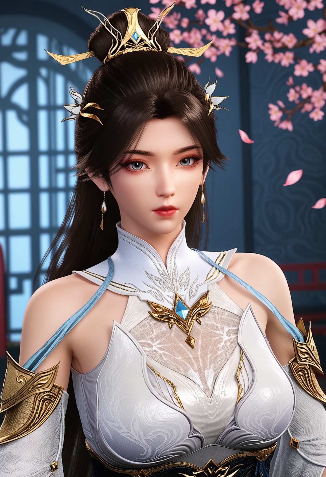 (upper_body:1.2),(looking at viewer:1.1),masterpiece,(best quality),smog,Dark room,dim lighting,peach blossom,falling petals,<lora:YQ_Illustrious光辉v5_灵溪_V1:0.8>,q1528437228,1girl,solo,jewelry,long hair,hair ornament,earrings,brown hair,dress,white dress,hair bun,black hair,detached sleeves,chinese clothes,gloves,ponytail,black gloves,single hair bun,high heels,brown eyes,grey eyes,blue eyes,sash,bracelet,