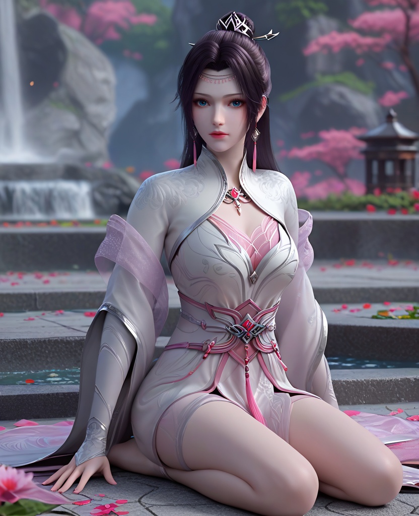 (oriental architecture, elegant decor, sophisticated style:1.1),(Sitting on the ground with legs spread wide, looking surprised:1.1),looking at viewer,(breasts:1.2),<lora:XL16斗破苍穹花宗云韵:0.95>,miss yunyun,white dress,blue eyes,traditional chinese updo with long cascading hair,black hair,hair ornament,earrings,jewelry,bolero,pink sheer shawl,wide flowing sleeves,pink chiffon bra,sash,opera gloves sleeves,, score_9,score_8_up,score_7_up,score_6_up,score_5_up,score_4_up,3d rendering,tag1,tag2, Cinematic Lighting,backlighting,, zPDXL3, zPDXL2,zPDXL, zPDXLxxx, zPDXLrl,