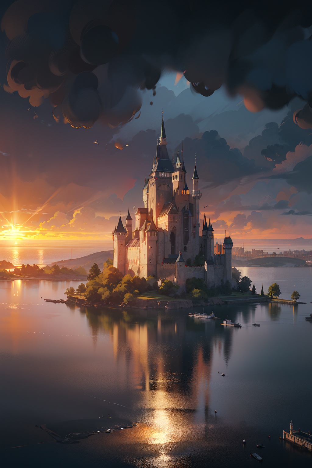 masterpiece,best quality,HD Resolution,(ray tracing,cinematic lighting),photography,Castle,Architecture,sea,sunburst,lighting,Clarity,Realism,Landscape Wallpaper,