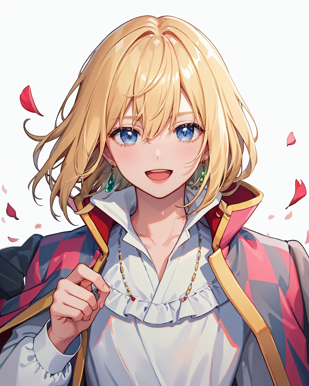 masterpiece,best quality, highly detailed, howl (howl no ugoku shiro),1boy, male focus, solo, smile, flower, earrings, white shirt, looking at viewer, open mouth, upper body, cape, white background, high collar, long sleeves, petals,<lora:howl_(howl_no_ugoku_shiro):1>
