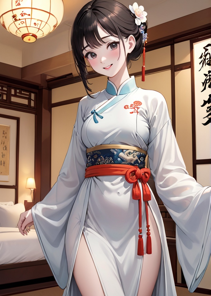 Best quality,masterpiece,realistic,4k,A girl,silvery white Chinese style dress,on back,Hanfu,Little Smile,standing,cameltoe,hotel,Girl，E_cup 