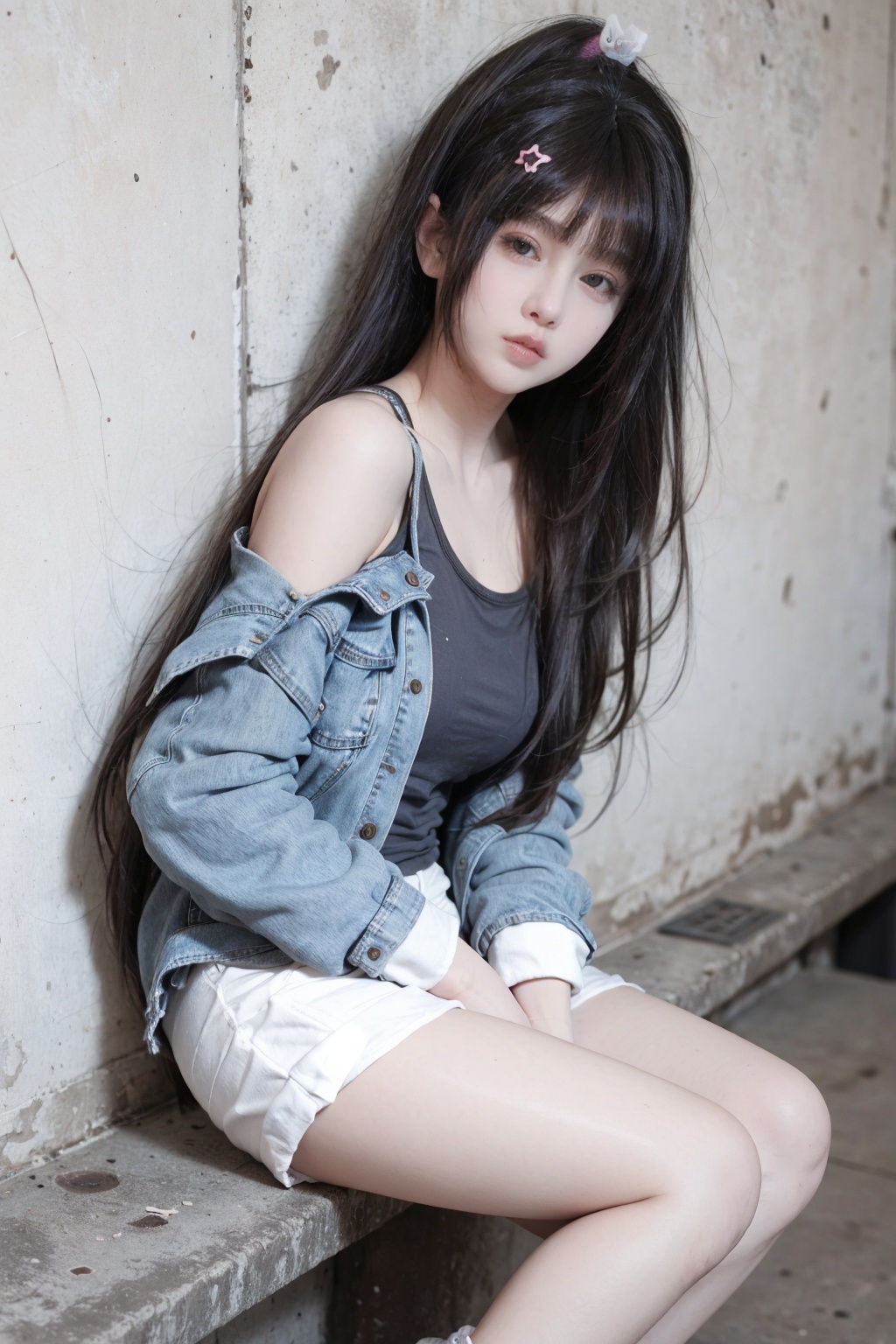 <lora:发型:1>,best quality,masterpiece,illustration,earrings,hand in pocket,Denim shorts,an extremely delicate and beautiful,extremely detailed,CG,unity,8k,wallpaper,Amazing,finely detail,1 girl,solo,street,graffiti,white short sleeved,denim jacket,denim shorts,sneakers,spray painting,graffiti on the wall,hip-hop,street culture,