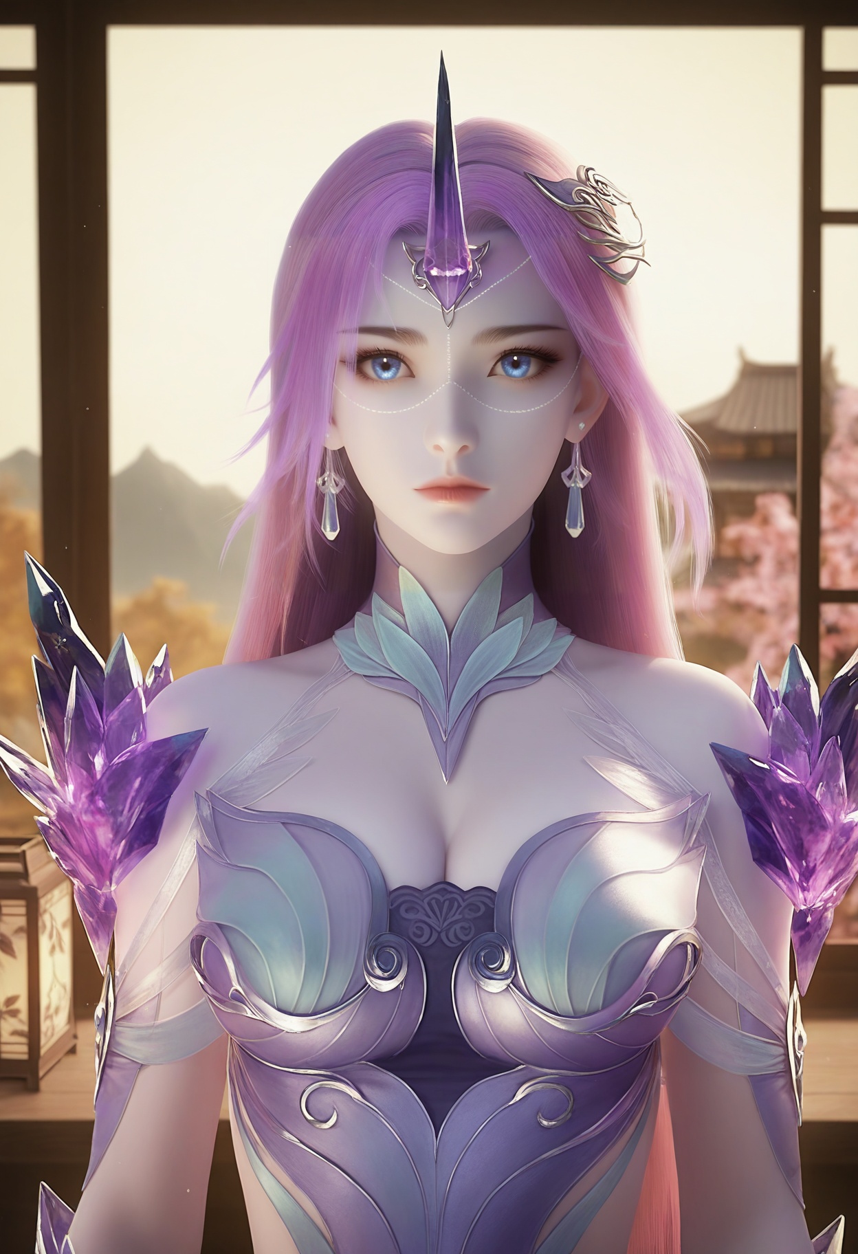 Yue_liu,1girl,blue eyes,long hair,purple hair,earrings,jewelry,hair ornament,crystal,single horn,pink hair,bare shoulders,gem,cleavage,<lora:Yue_liu_10_illu-000005:0.75>,dress,armor,see-through,skirt,purple dress,photorealistic,hyperrealistic,(pale skin:1.2),looking at viewer,standing,(upper body:1.2),close up,head shot,lantern,open window,looking at viewer,indoors,mountains,blossoms,flowers,east asian architecture,beautiful sunrise,warm ambient temperature,