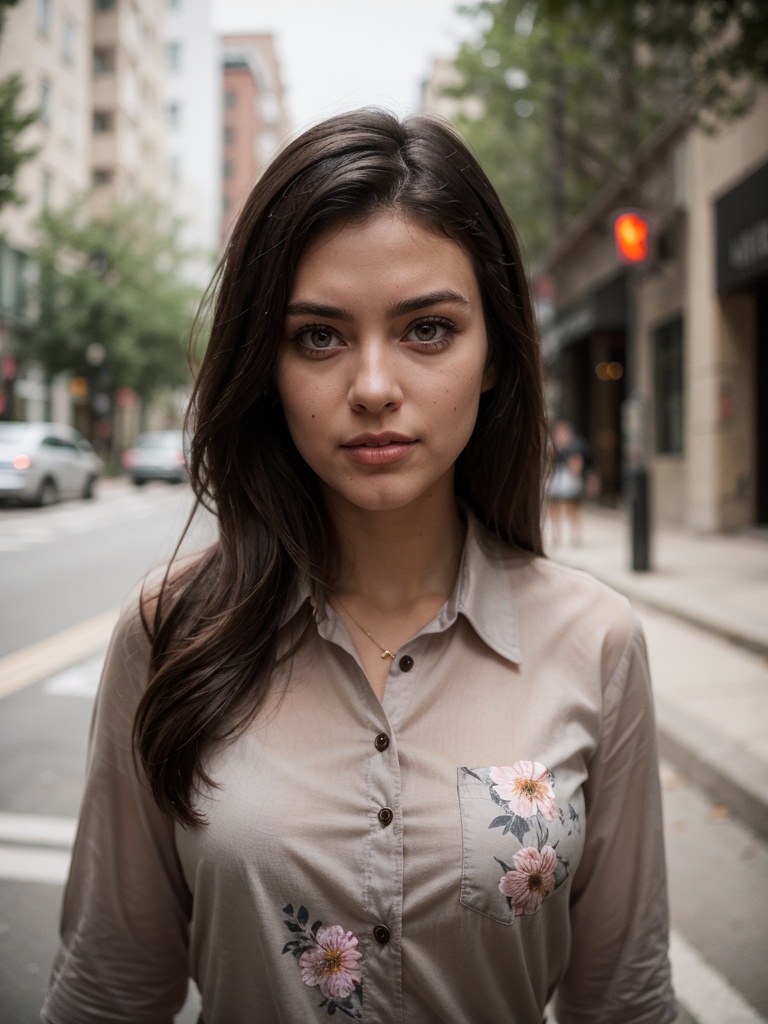 Portrait of a beautiful woman with dark hair,  gray eyes,  open floral Shirt on Tensor.Art