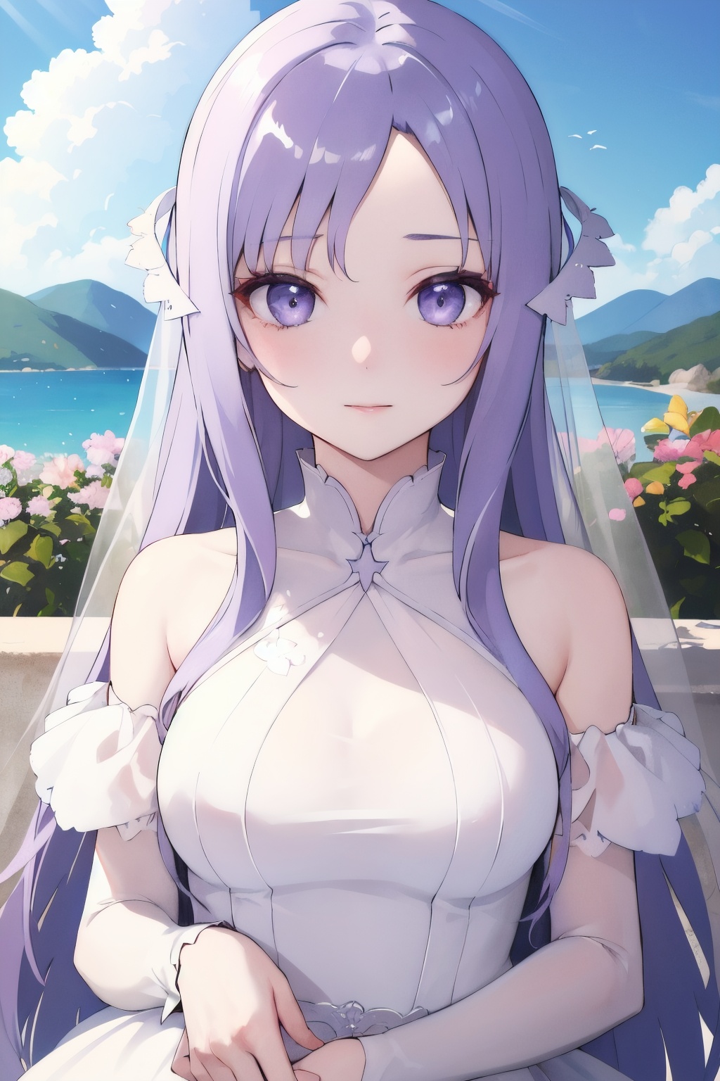 masterpiece, best quality, beautiful and aesthetic, upper body, portrait, looking at viewer, 1girl, solo, sh0rtj3w3lw3ddr3ss, very long hair, light purple hair, swept bangs, purple eyes, quinella, quinella_(SAO), short wedding dress, pantyhose, see-through, outdoors, sky view, scenery, glossy skin, shiny skin, beautiful face, beautiful eyes,<lora:lbc_quinella_(sao)24324_v1.0:0.8>,