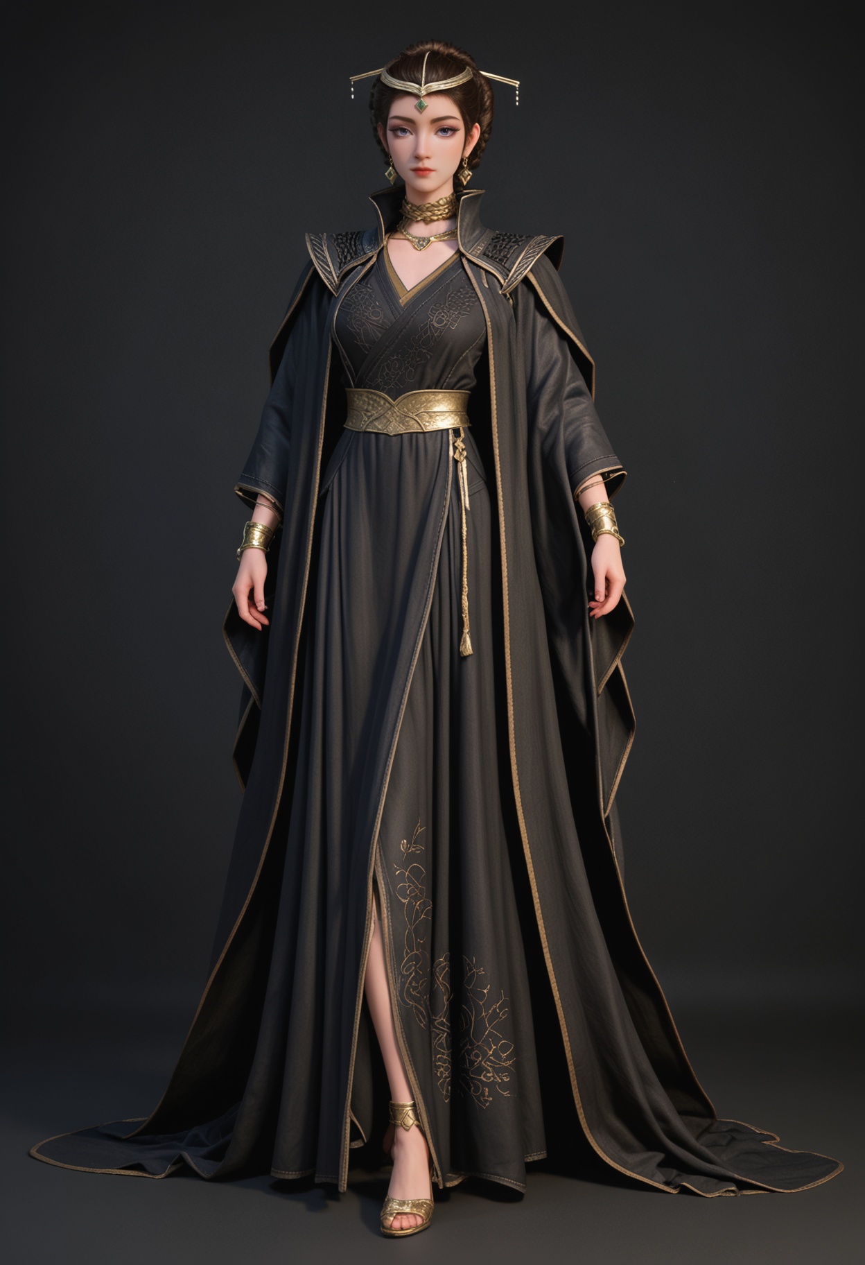 (standing full_body:1.1),score_9,score_8_up,masterpiece,(best quality),intricate details,facing viewer,(looking at viewer:1.1),<lora:YQ_pony_wenfuren_V4:0.8>,q1528437228,1girl,jewelry,solo,earrings,black hair,hair ornament,bracelet,brown hair,blue eyes,updo,braid,circlet,long hair,hair bun,wide sleeves,cape,eyeshadow,purple eyes,dress,necklace,gem,grey eyes,robe,short hair,single hair bun,tiara,chinese clothes,hair stick,black dress,BREAK(score_9:1.2),(score_8_up:1.2),masterpiece,best quality,very aesthetic,perfect anatomy,(hourglass),perfect face,(simple background,pure black background,black background:1.1),fair_skin,(shiny_skin:1.1),Ivory_skin,