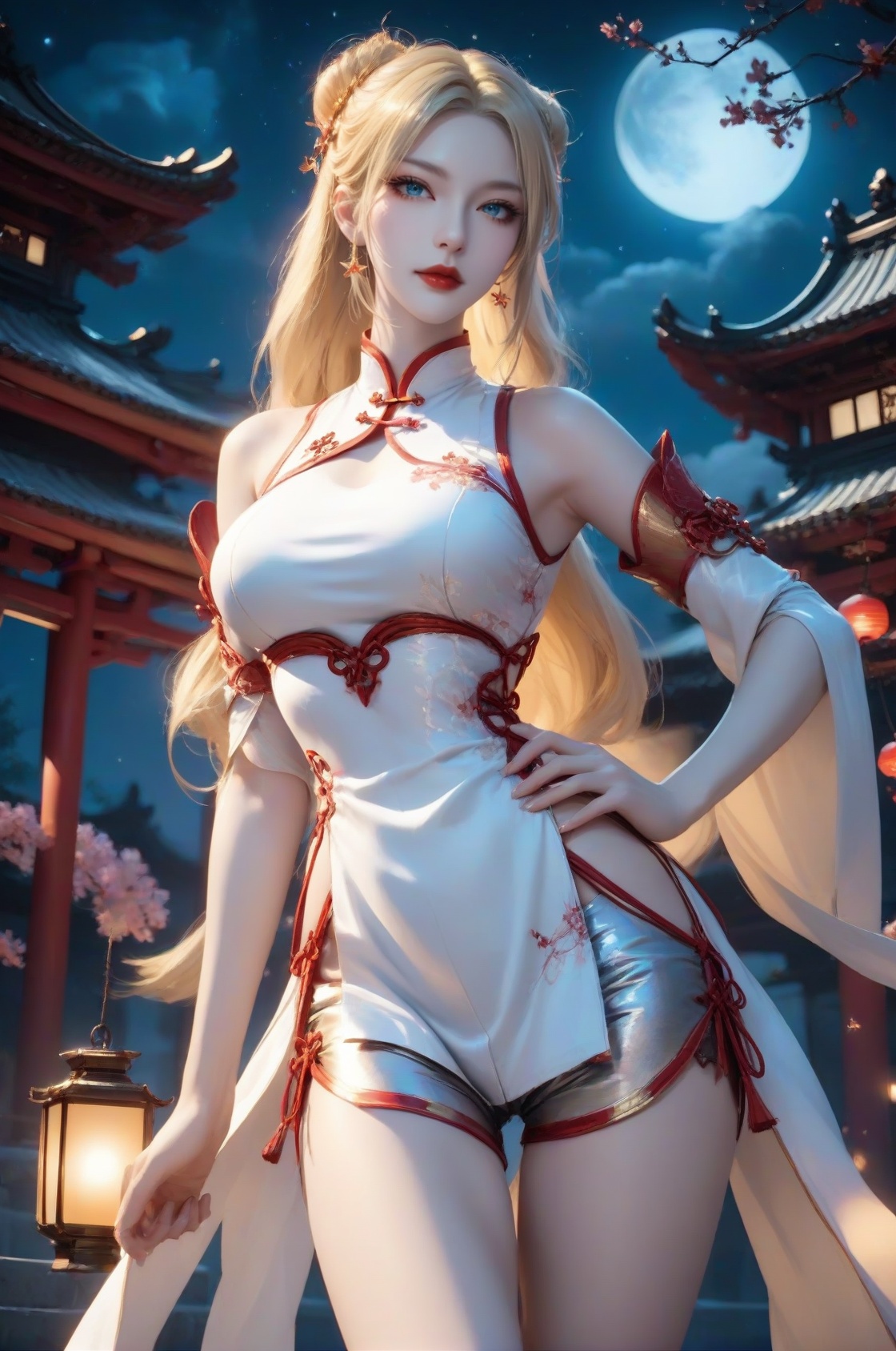 <lora:qianrenxue-v1:0.8>,qianrenxue,1girl,solo,blonde hair,blue eyes,long hair,breasts,medium breasts,red lips,lips,score_9,score_8_up,score_7_up,standing,hand on own hip,night sky,[moon],star \(sky\),chinese style architecture,lantern,(alternate costume:1.5),(white cheongsam:1.2),(puffy_shorts:1.4),<lora:DetailedEyes_V3:0.5>,<lora:LegLength&Muscular_400steps:2>,<lora:StS_age_slider_v1_initial_release:1.5>,