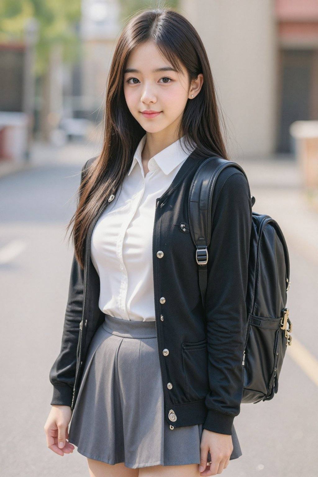 照片中一位年轻的亚洲女性,  留着长长的黑色直发,  身穿黑色开衫、白色衬衫和灰色百褶裙 on Tensor.Art