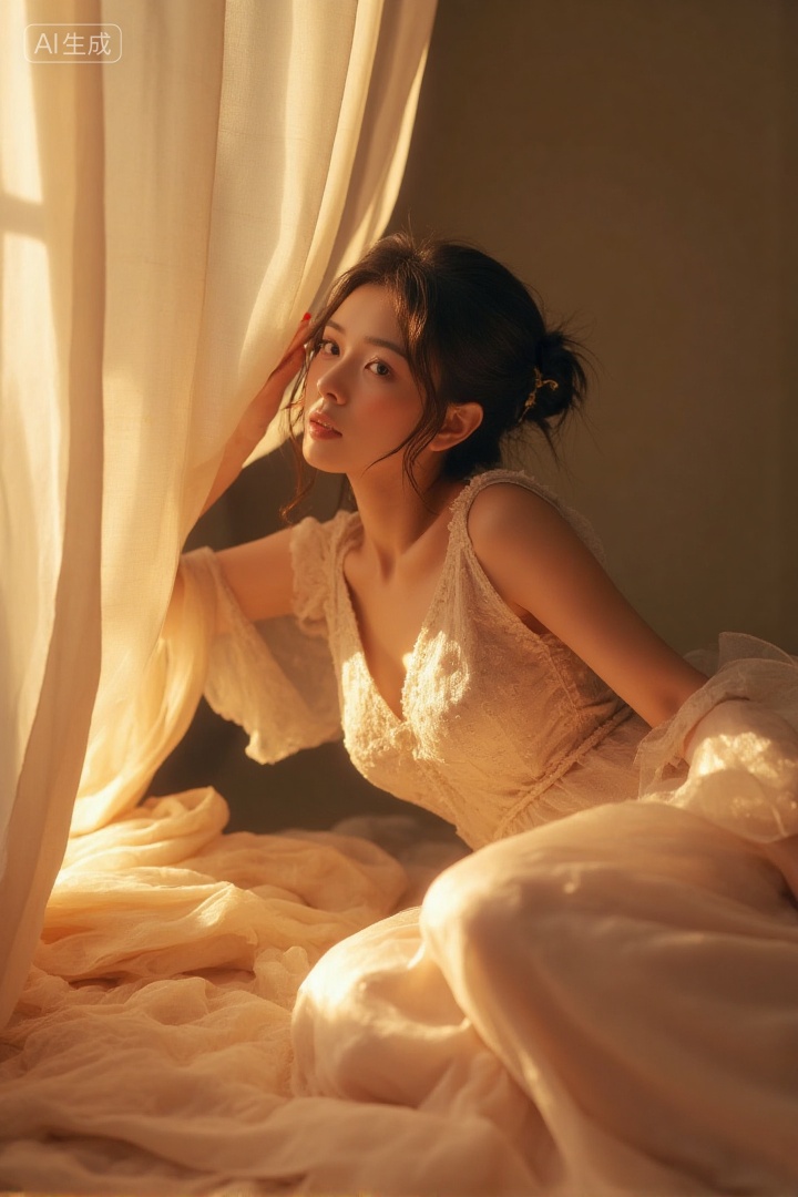 A woman in a shimmering light - colored gauze dress, lying gracefully amidst soft fabrics, warm and gentle lighting, creating a cozy and artistic atmosphere, studio setting, elegant posture, 3:4 ratio., Negative prompt: ng_deepnegative_v1_75t,(badhandv4:1.2),EasyNegative,(worst quality:2),,nsfw, Steps: 30, Sampler: Euler, CFG scale: 3.5, Seed: 1547379777, Size: 720x1080, Model hash: 8cba4f1ef4, Model: F.1基础算法模型-哩布在线可运行_F.1-dev-fp8.safetensors, Denoising strength: 0, RNG: CPU, Lora 1: 20250913-1757780180322-0001, Lora Hash 1: 2c61ab8cf8, Lora Weight 1: 0.8, vae_name: automatic