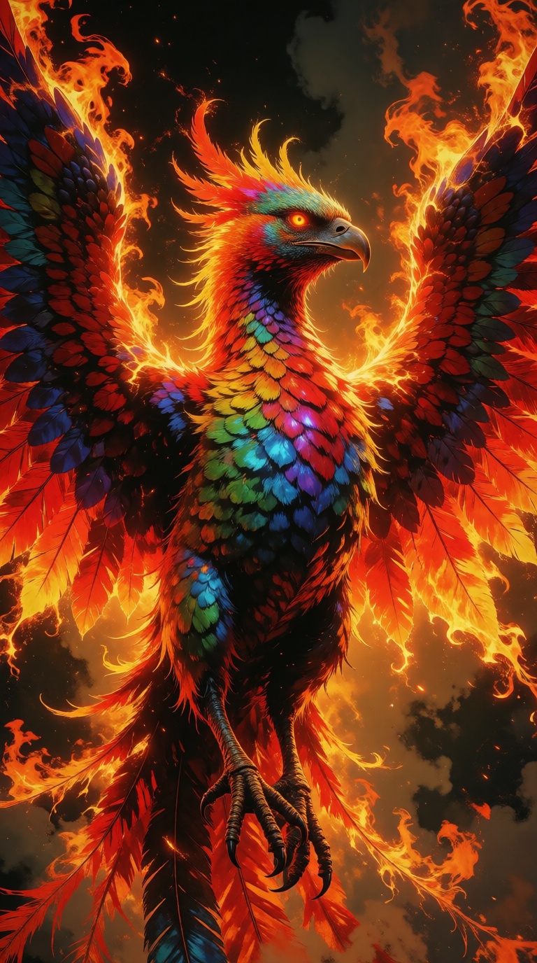 V1nt4geStyle,  A majestic phoenix with iridescent,  rainbow-hued feathers that shimmer in hues of red on Tensor.Art