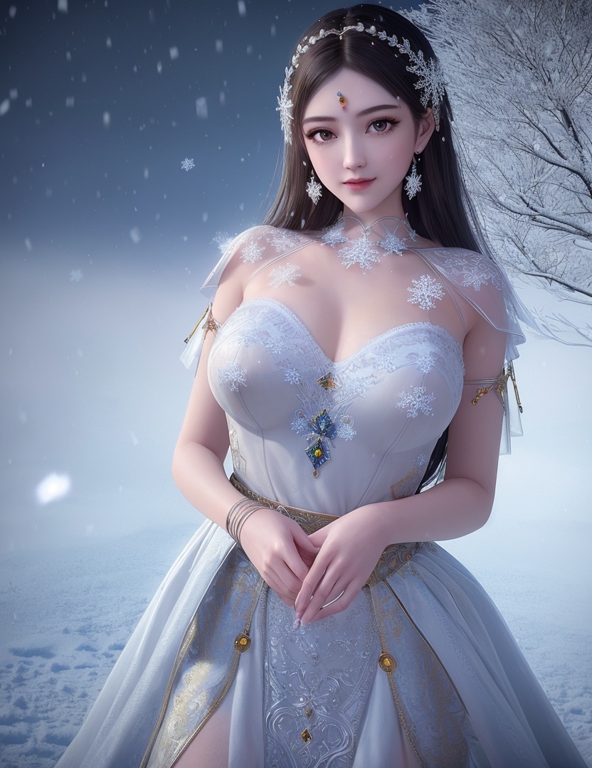 ultra realistic 8k cg, flawless, clean, masterpiece, professional artwork, famous artwork, cinematic lighting, cinematic bloom, perfect face, beautiful face, fantasy, dreamlike, unreal, science fiction,   lace, lace trim, lace-trimmed legwear, luxury, jewelry, diamond, gold, pearl, gem, sapphire, ruby, emerald, intricate detail, delicate pattern, charming, alluring, seductive, erotic, enchanting, hair ornament, necklace, earrings, bracelet, armlet,halo,autumn,((,1girl, pov,best quality, ))  , ((((1girl, solo,outdoors, large breasts,,snowflakes,  snow, snowing,   ))))    <lora:DA_BaiCai:0.7>