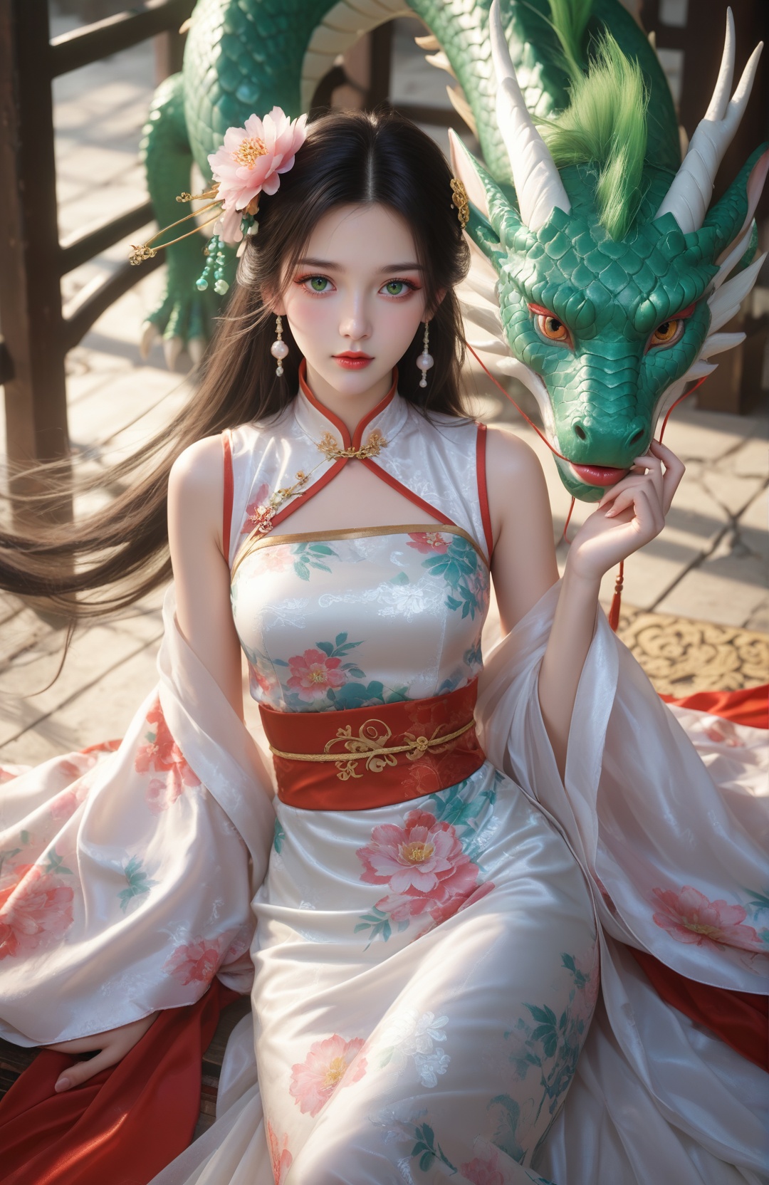 score_9,score_8_up,score_7_up,break.,1girl,solo,pov,china outfit,looking at viewer,style by nm, 1girl, dragon, golden and green \(nm style\), hair ornament, eastern dragon, flower, depth of field, solo, lips, dress, hair flower, red lips, floral print,1girl,solo,long hair,blush,