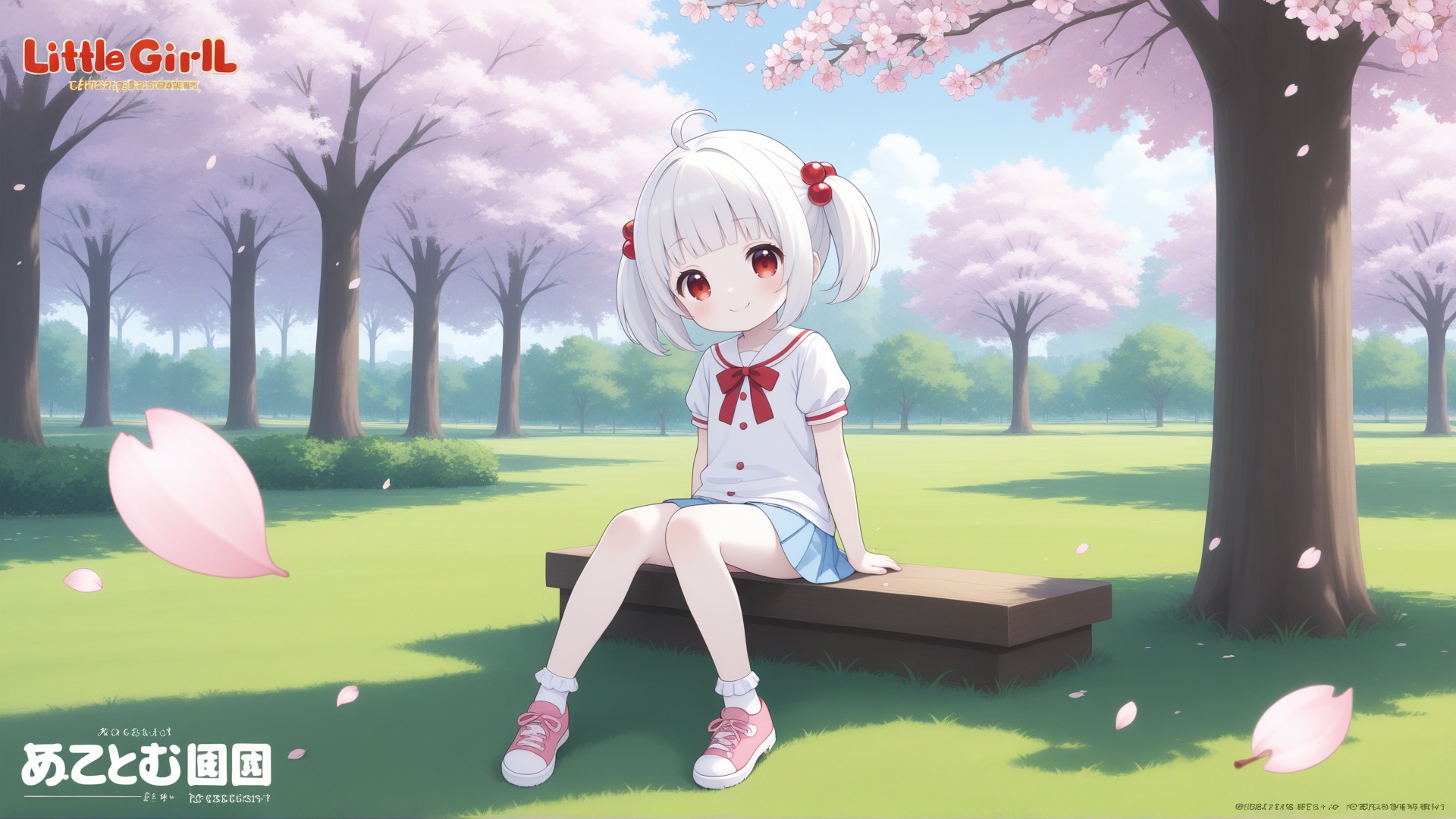 <lora:精致风景与场景ill:0.3>,wallpaper,highres,falling cherry blossoms,4k,cherry_blossoms,cherry blossom forest,solo,1girl,little_girl,loli,kawaii,child,short hair,white hair,blunt bangs,twintails,ahoge,(pale skin:0.8),red eyes,hair ornament,short_sleeves,miniskirt,bobby_socks,sneakers,smile,sitting,