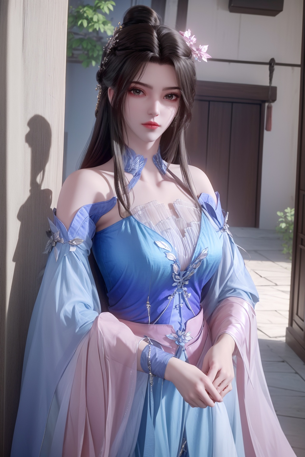 (8k, RAW photo, best quality, masterpiece:1.2),hatching (texture),skin gloss,light persona,artbook,(high detailed skin),glossy skin,contrapposto,female focus,model,(hot:0.7),sexy,fine fabric emphasis,wall paper,fashion,Lipstick,official art,extremely detailed CG unity 8k wallpaper,fate/stay night,(pink theme:1.6),depth of field,pink circle,(upper body:1.2),1girl,solo,very long hair,hair ornament,jewelry,lips,makeup,footwear,necklace,single hair bun,lip oil,glowing eyes,black hair,brown hair,purple eyes,blue_dress,chinese clothes,long_dress,very_long_skirt,long skirt,long sleeves,looking at viewer,expressionless,standing,lmwone,<lora:lmw:0.7>,ll-hd,<lora:1111白皙质感:0.6>,ty-hd,<lora:0110田野:0.6>,<lora:0223皮肤lora-000001:0.3>,